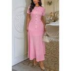 Solid Round Neck Button Elegant Sheath Dress | Mixtshop LLC