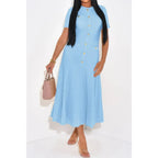 Solid Round Neck Button Elegant Sheath Dress | Mixtshop LLC