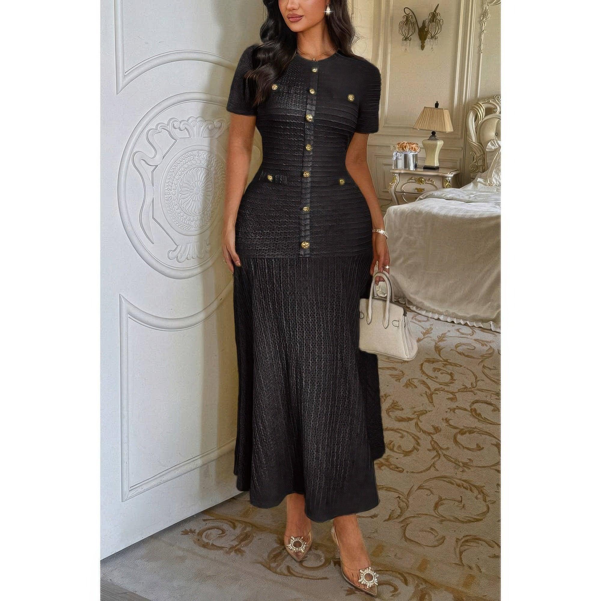 Solid Round Neck Button Elegant Sheath Dress | Mixtshop LLC