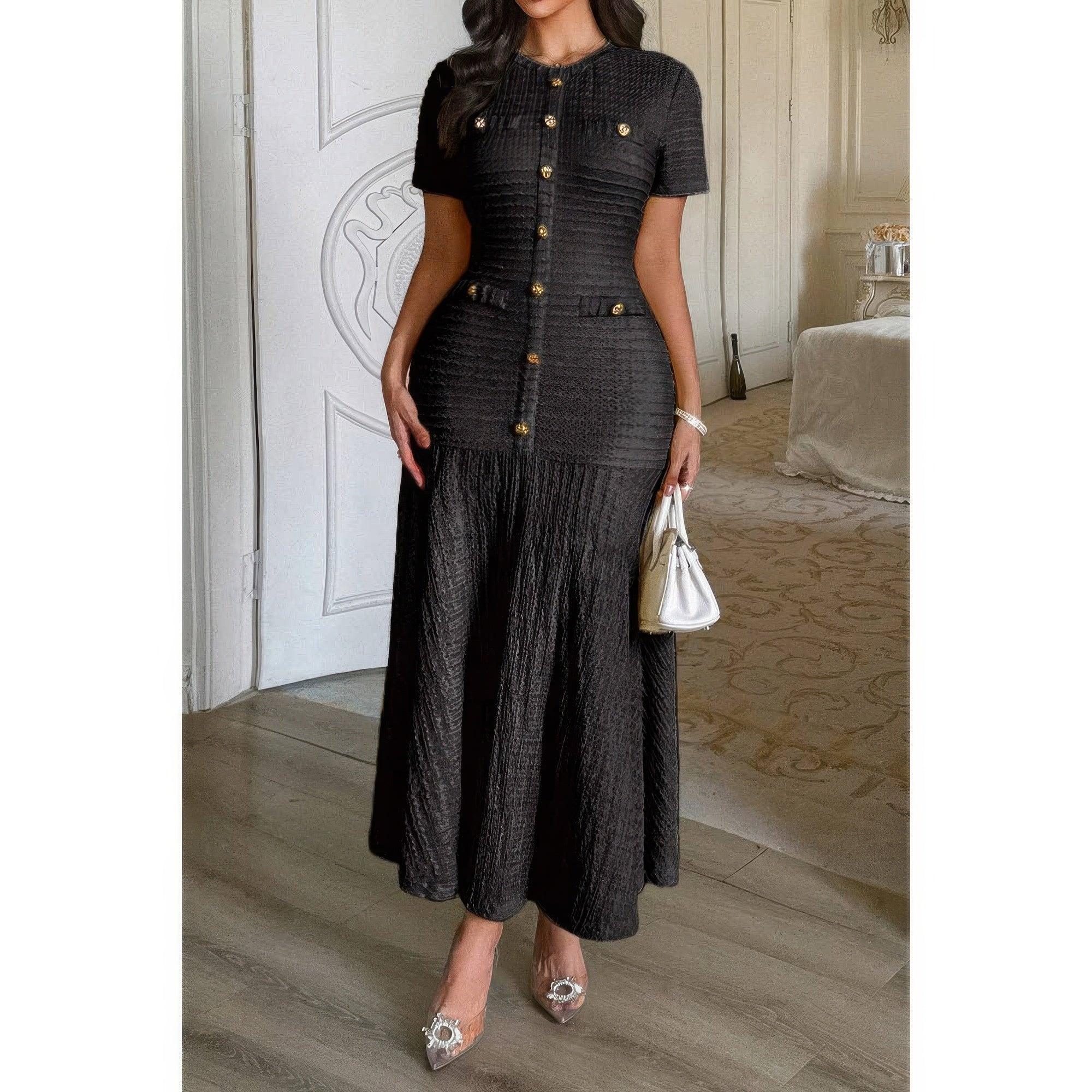 Solid Round Neck Button Elegant Sheath Dress | Mixtshop LLC