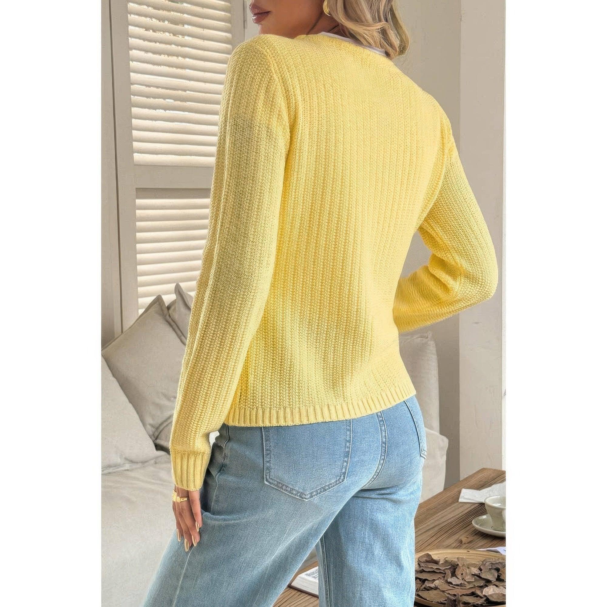 V Neck Cropped Long Sleeve Texture Knit Sweater | Mixtshop LLC