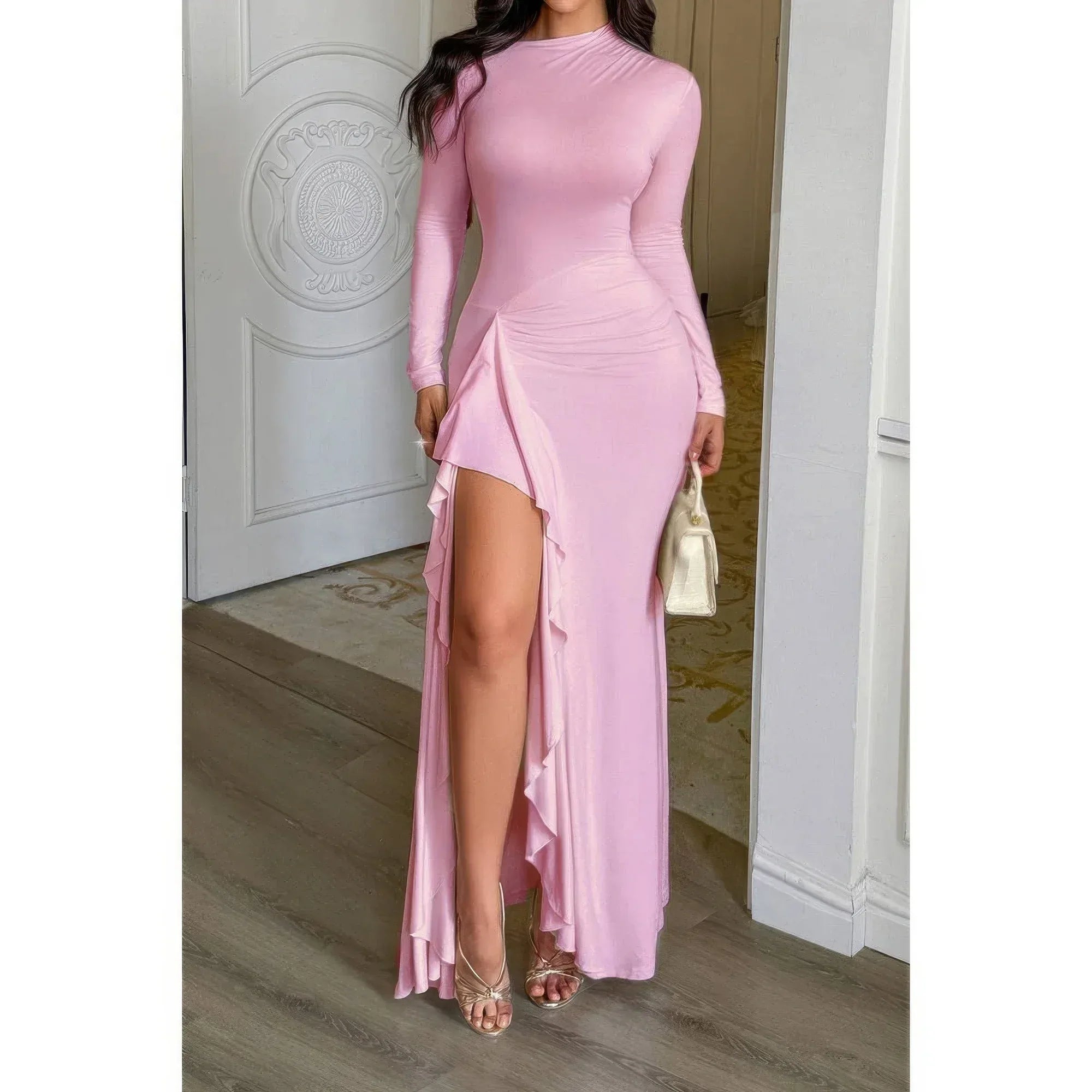 Curvy Slit Elegant Ruched Long Sleeve Dress | Mixtshop LLC Main image