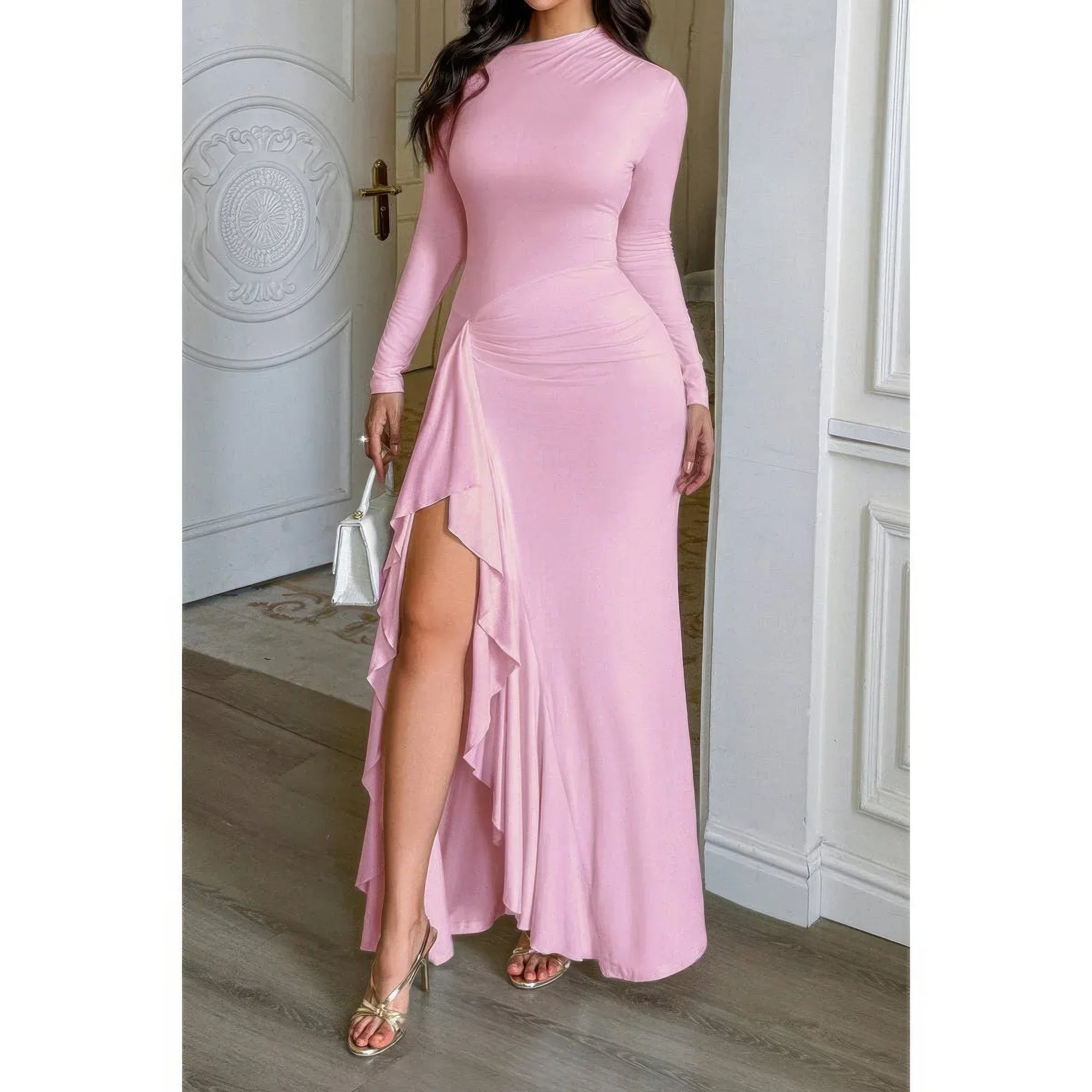 Curvy Slit Elegant Ruched Long Sleeve Dress | Mixtshop LLC