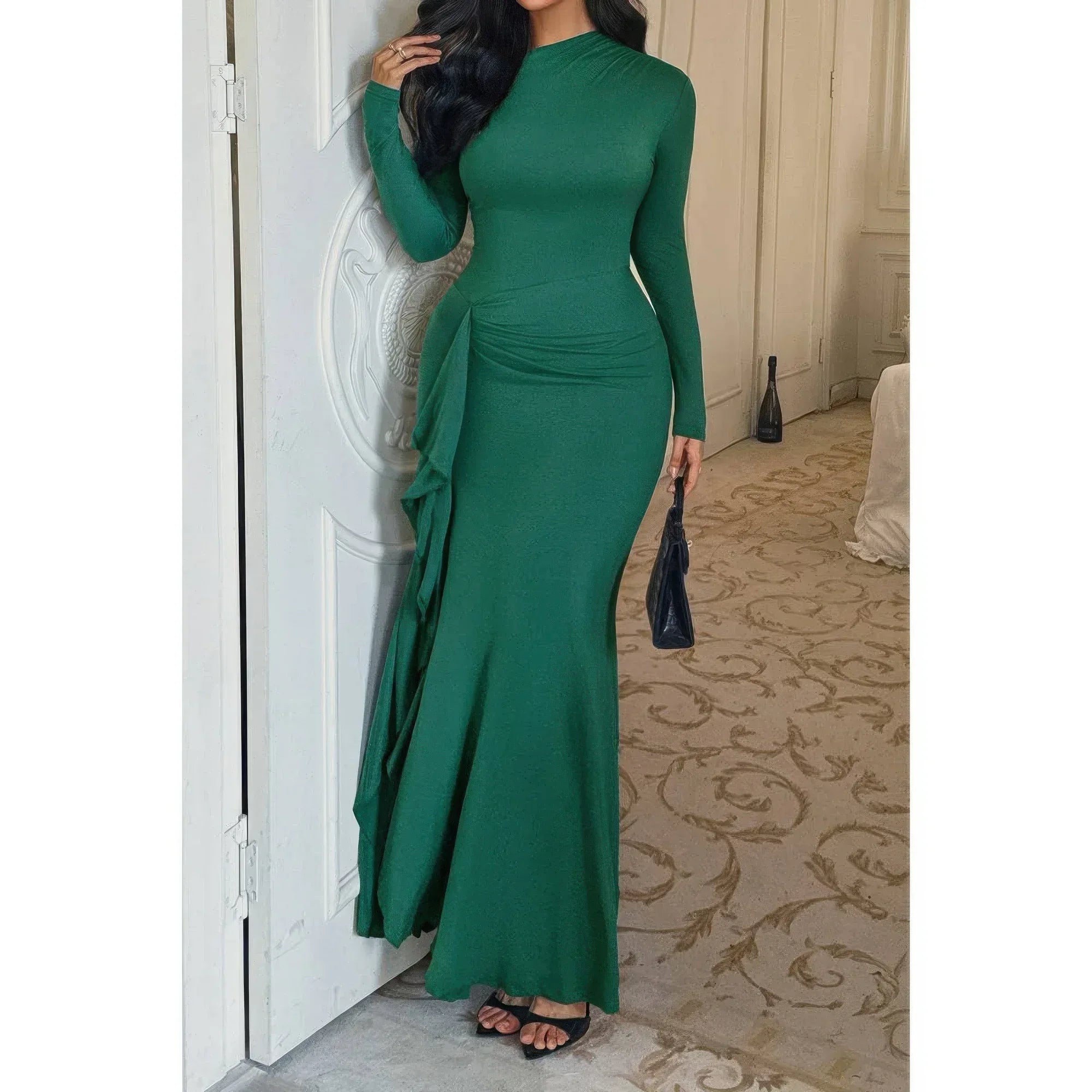 Curvy Slit Elegant Ruched Long Sleeve Dress | Mixtshop LLC