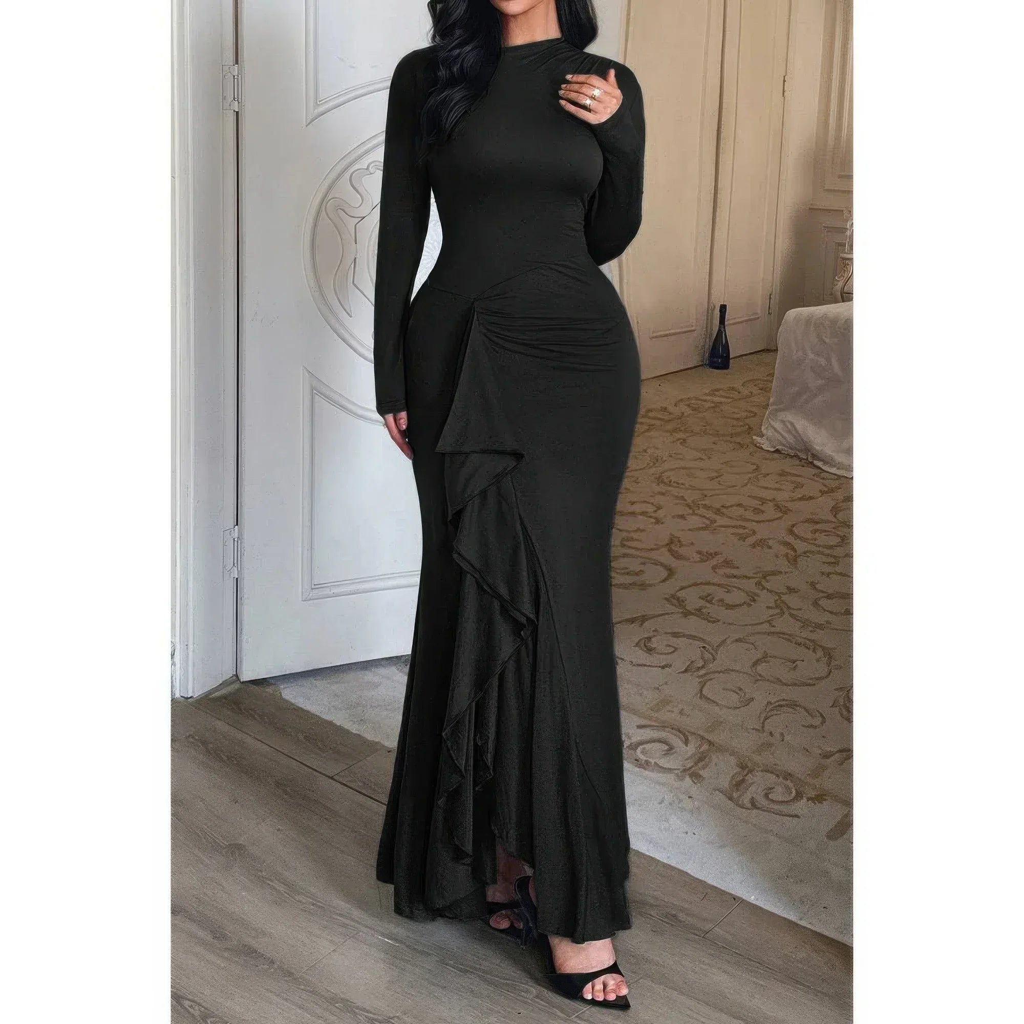 Curvy Slit Elegant Ruched Long Sleeve Dress | Mixtshop LLC