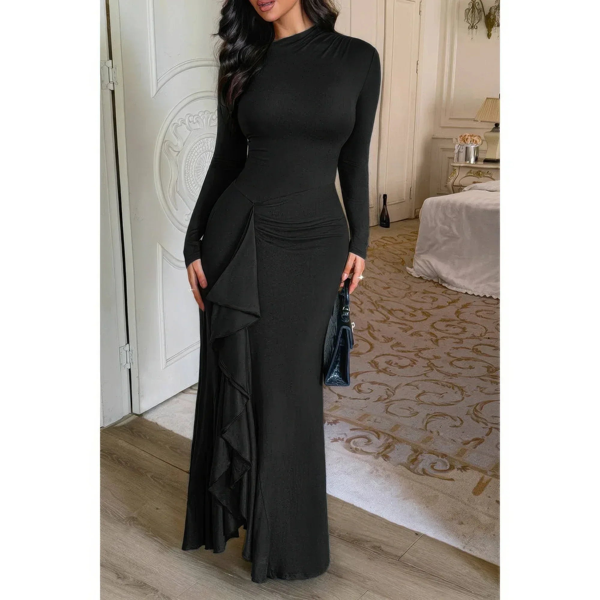Curvy Slit Elegant Ruched Long Sleeve Dress | Mixtshop LLC