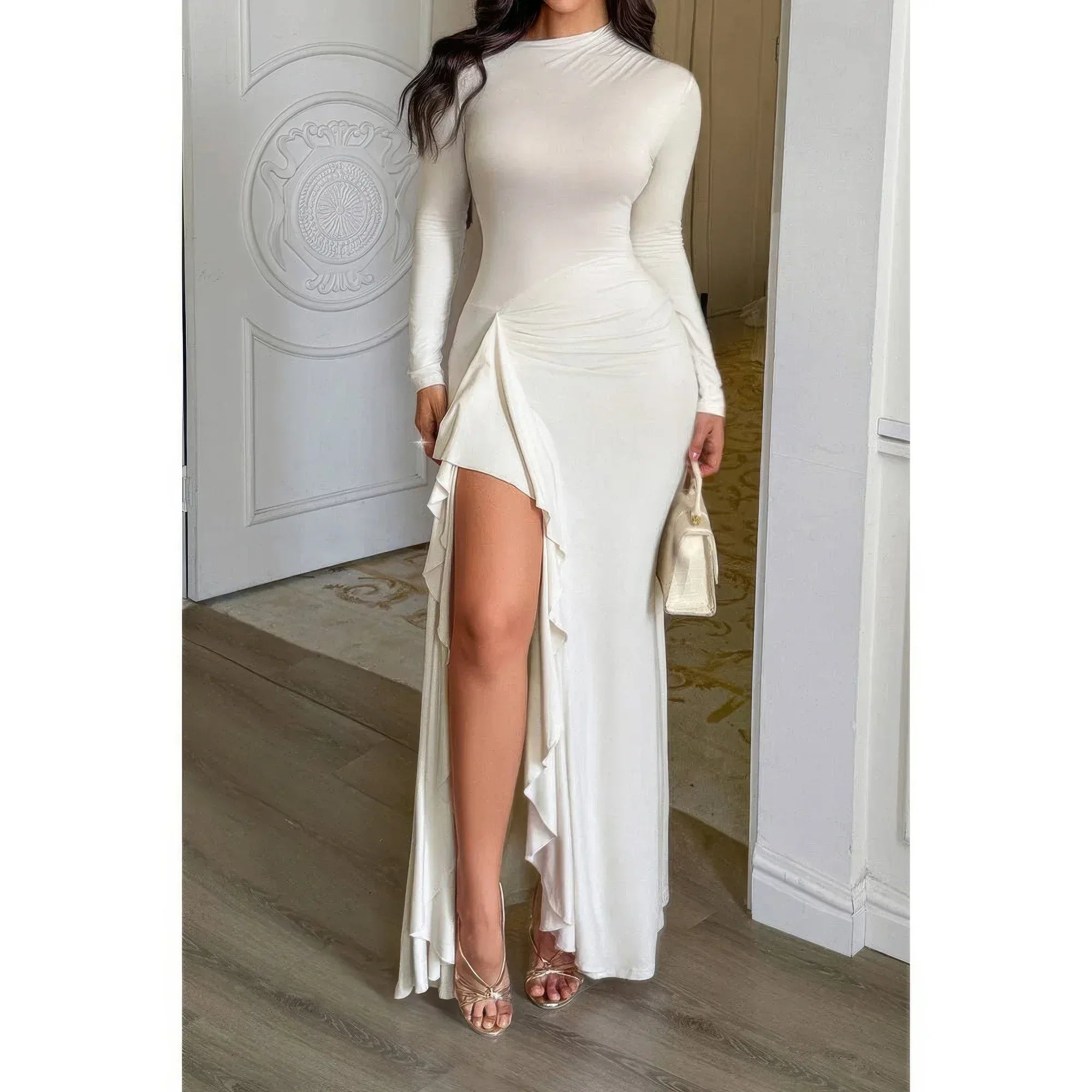 Curvy Slit Elegant Ruched Long Sleeve Dress | Mixtshop LLC