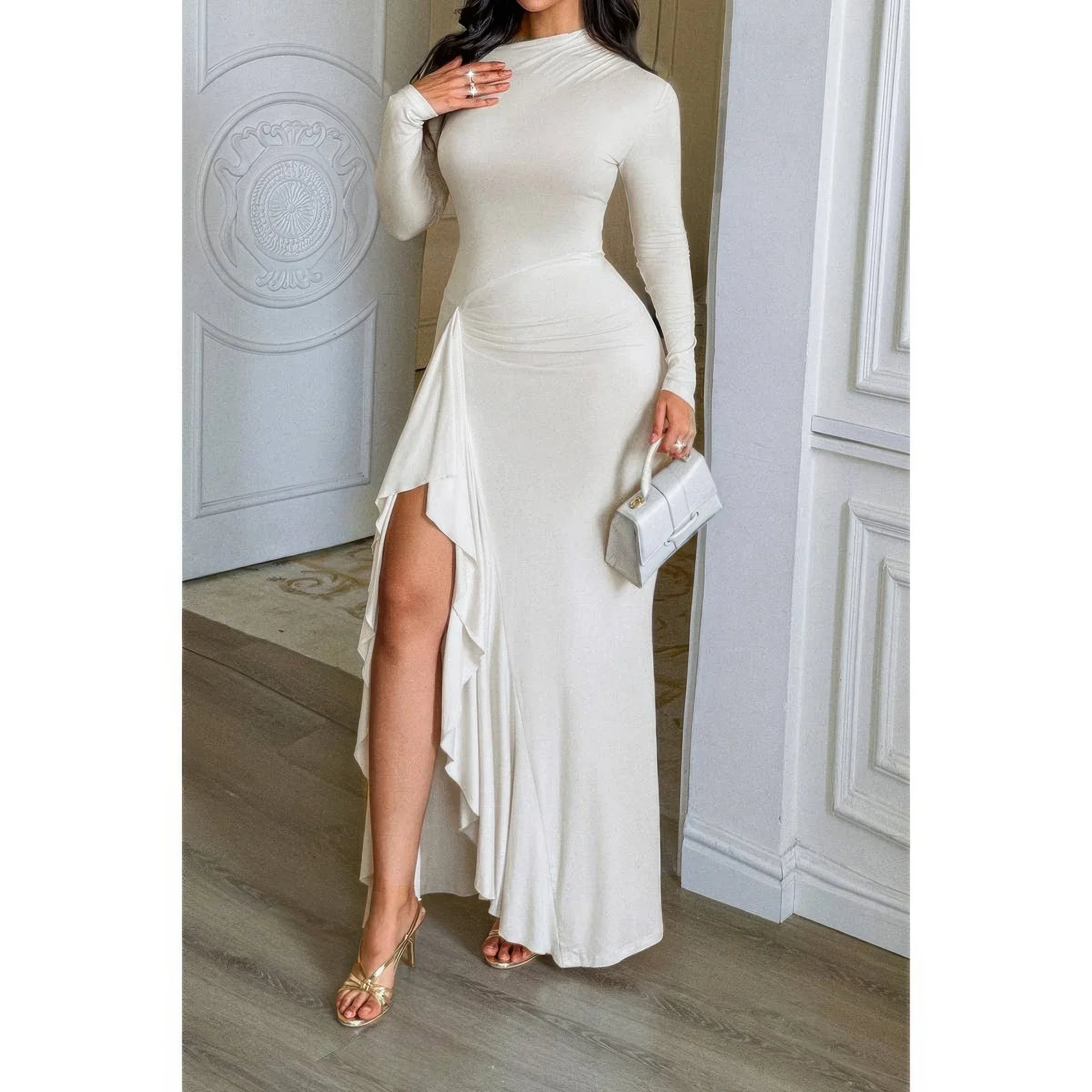 Curvy Slit Elegant Ruched Long Sleeve Dress | Mixtshop LLC