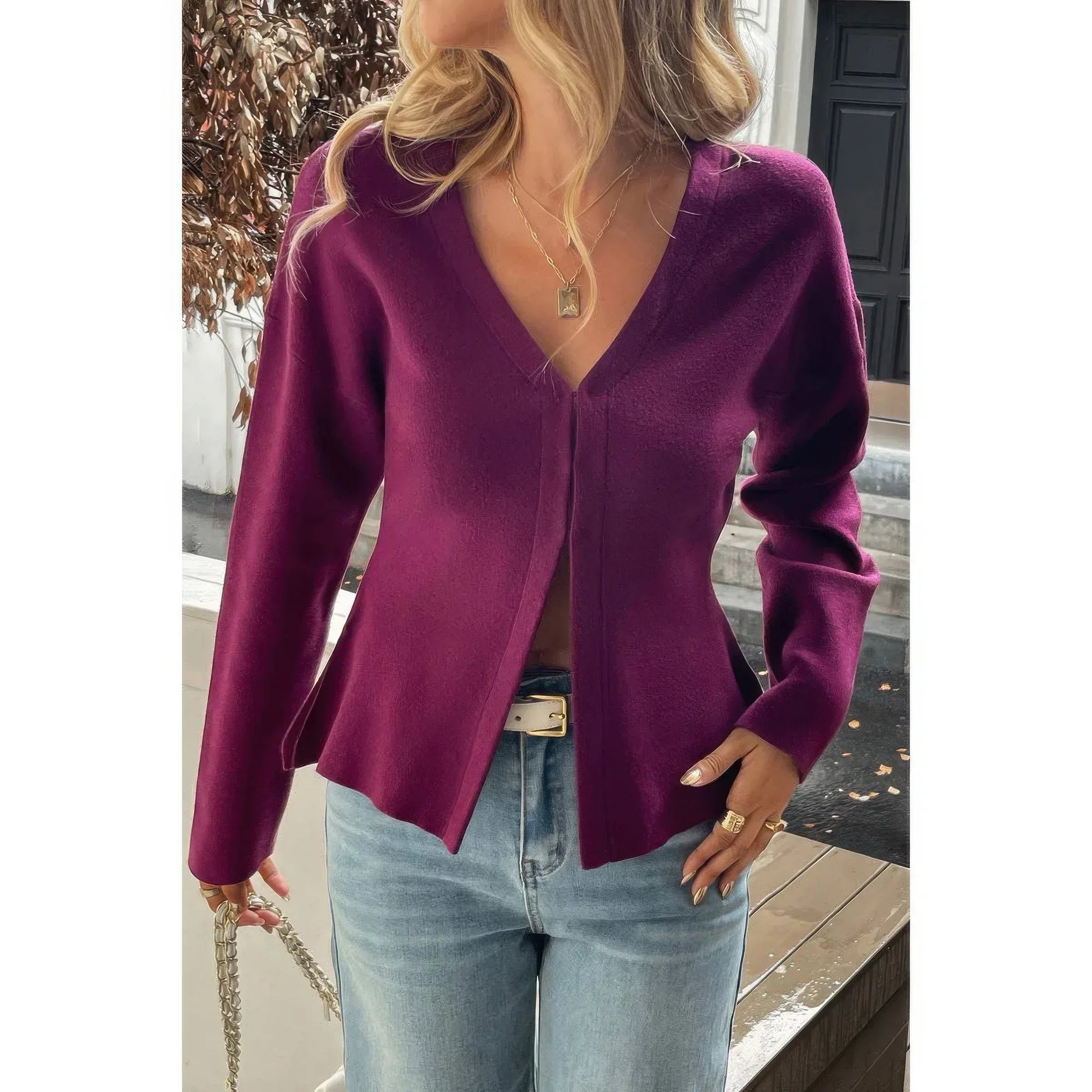 Solid V Neck Raglan Sleeve Burgundy Knit Shirt | Mixtshop LLC Main image