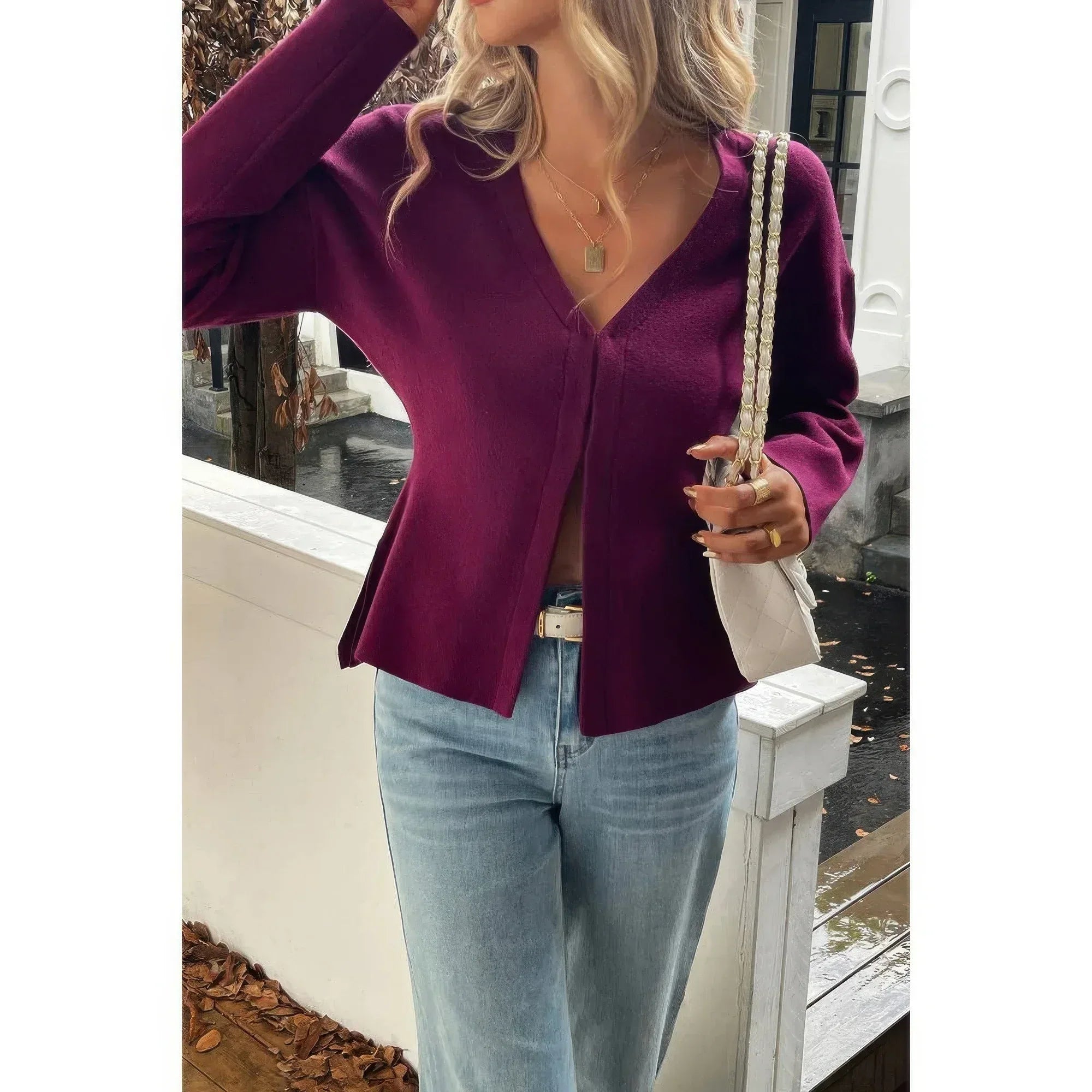 Solid V Neck Raglan Sleeve Burgundy Knit Shirt Secondary image