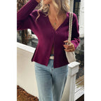 Solid V Neck Raglan Sleeve Burgundy Knit Shirt | Mixtshop LLC