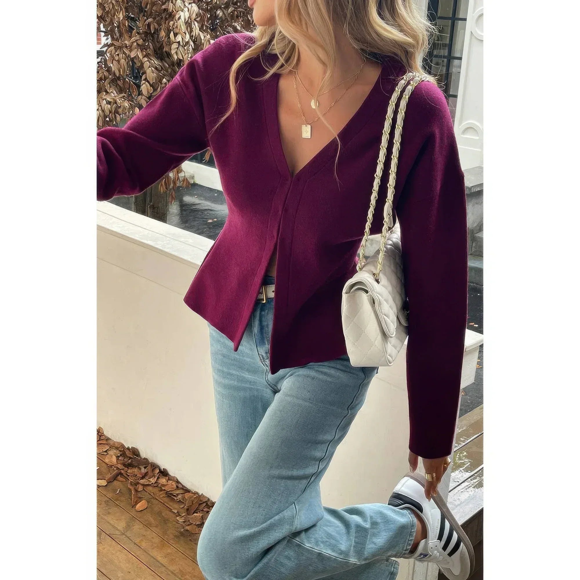 Solid V Neck Raglan Sleeve Burgundy Knit Shirt | Mixtshop LLC