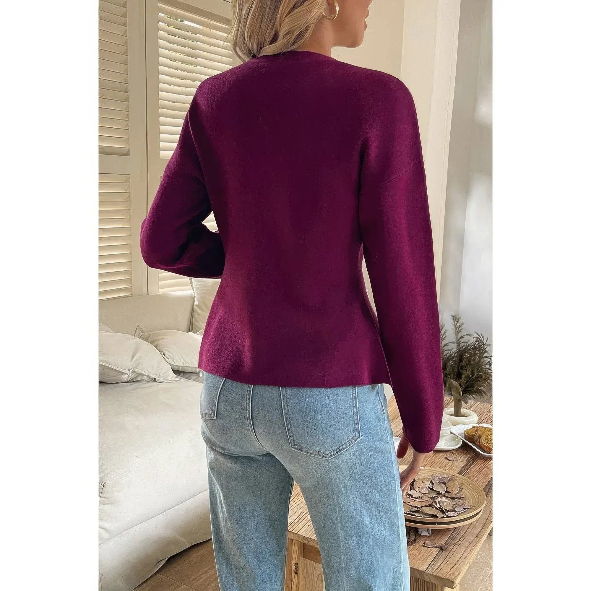 Solid V Neck Raglan Sleeve Burgundy Knit Shirt | Mixtshop LLC