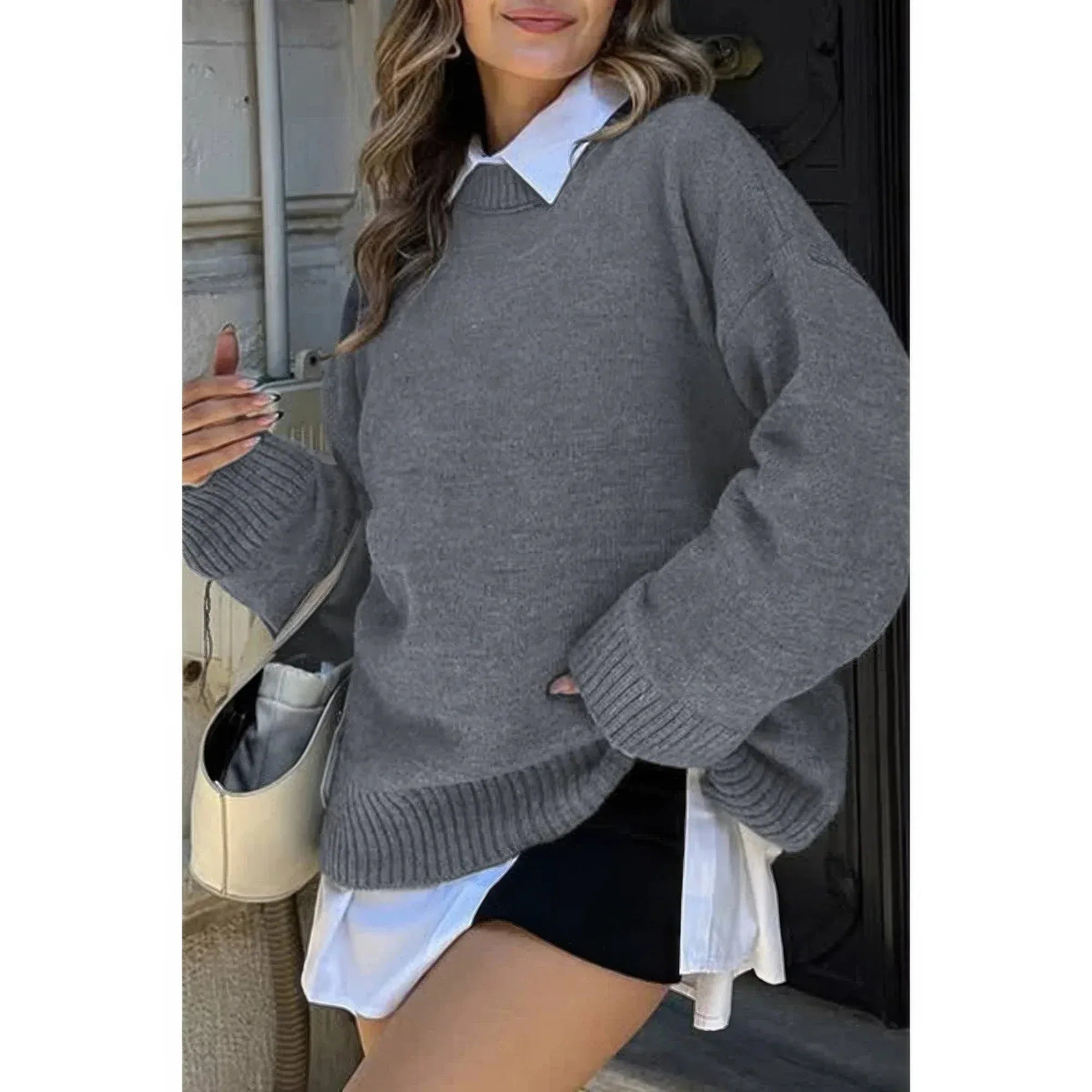 Round Neck Long Sleeve Knitted Loose Sweater | Mixtshop LLC