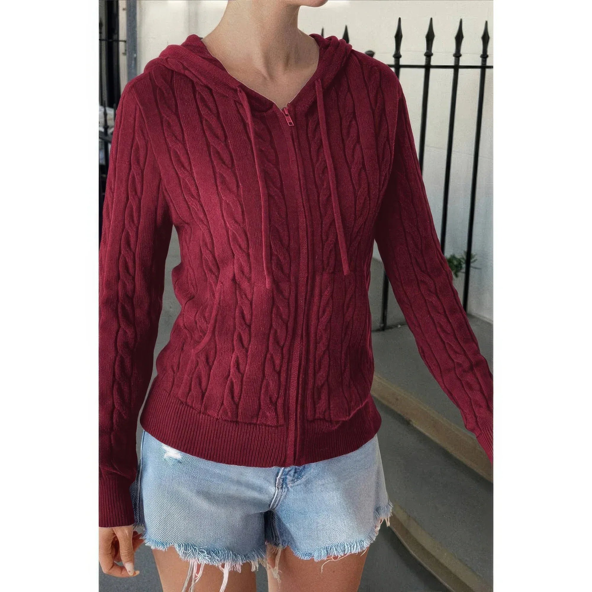 Solid Pocket Cable Knit Hooded Jacket | Mixtshop LLC