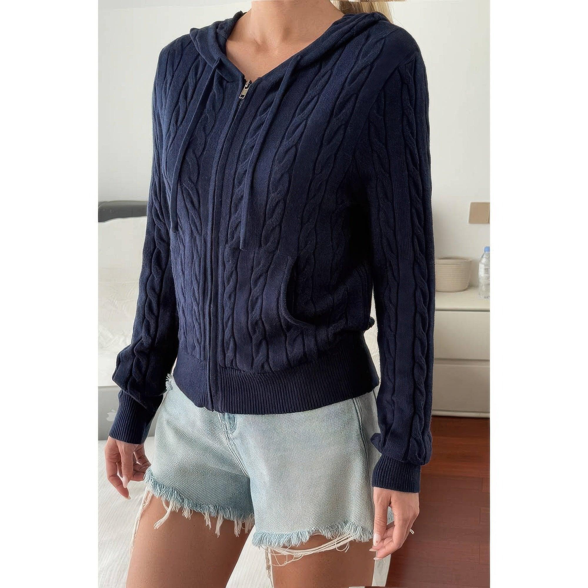 Solid Pocket Cable Knit Hooded Jacket | Mixtshop LLC