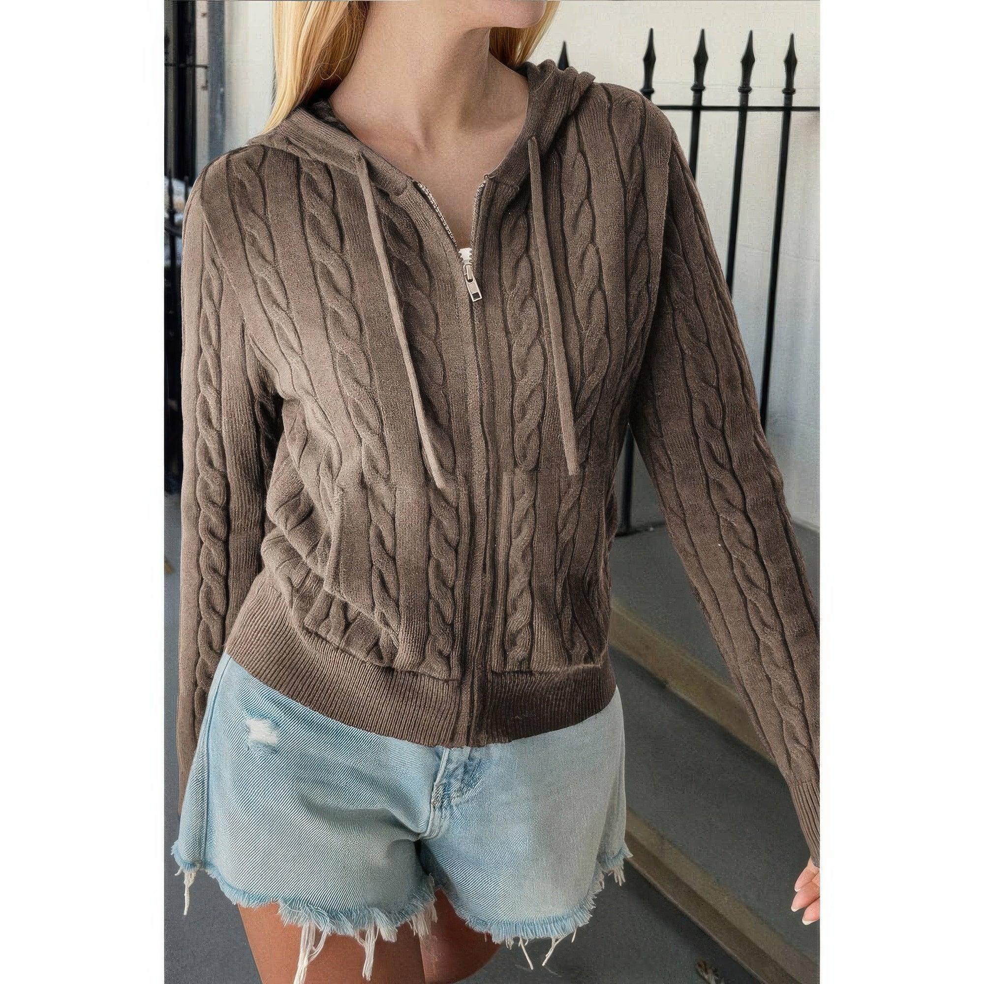 Solid Pocket Cable Knit Hooded Jacket | Mixtshop LLC