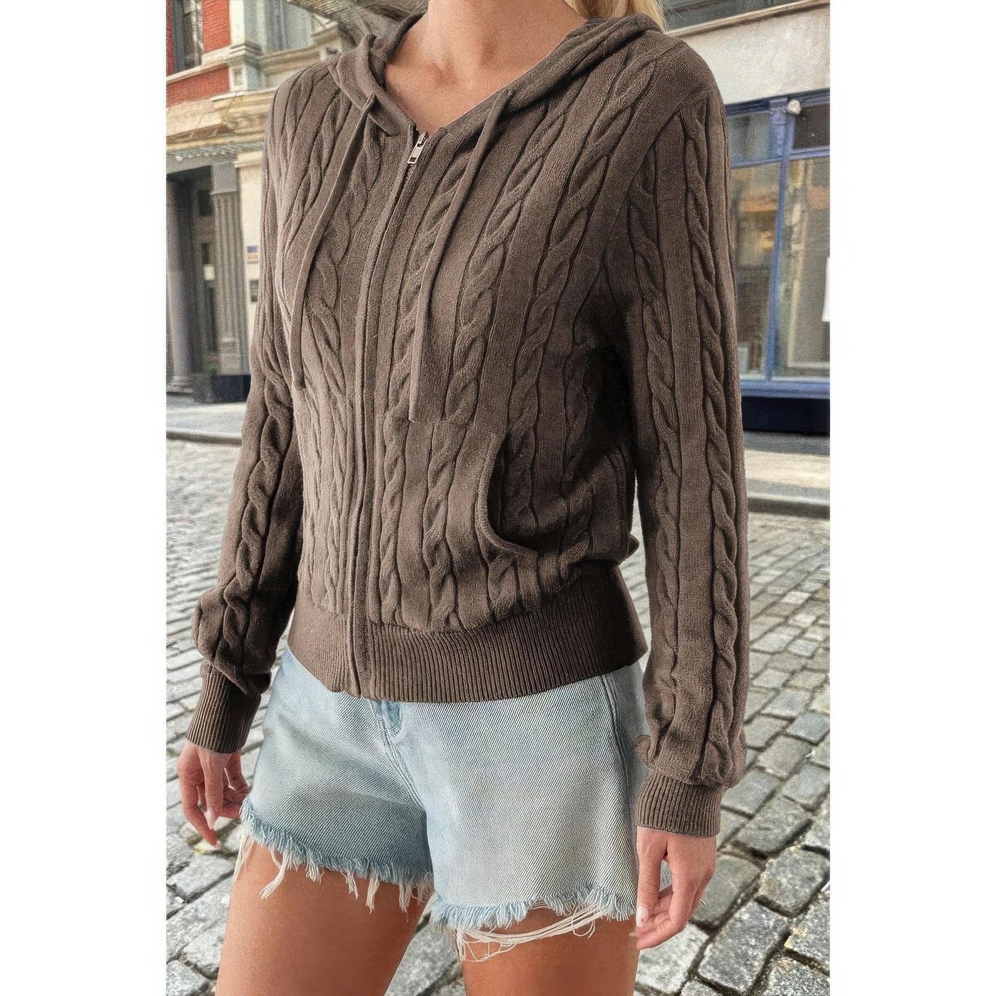Solid Pocket Cable Knit Hooded Jacket | Mixtshop LLC