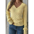 Cable Knit V Neck Long Sleeves Fit Sweater | Mixtshop LLC