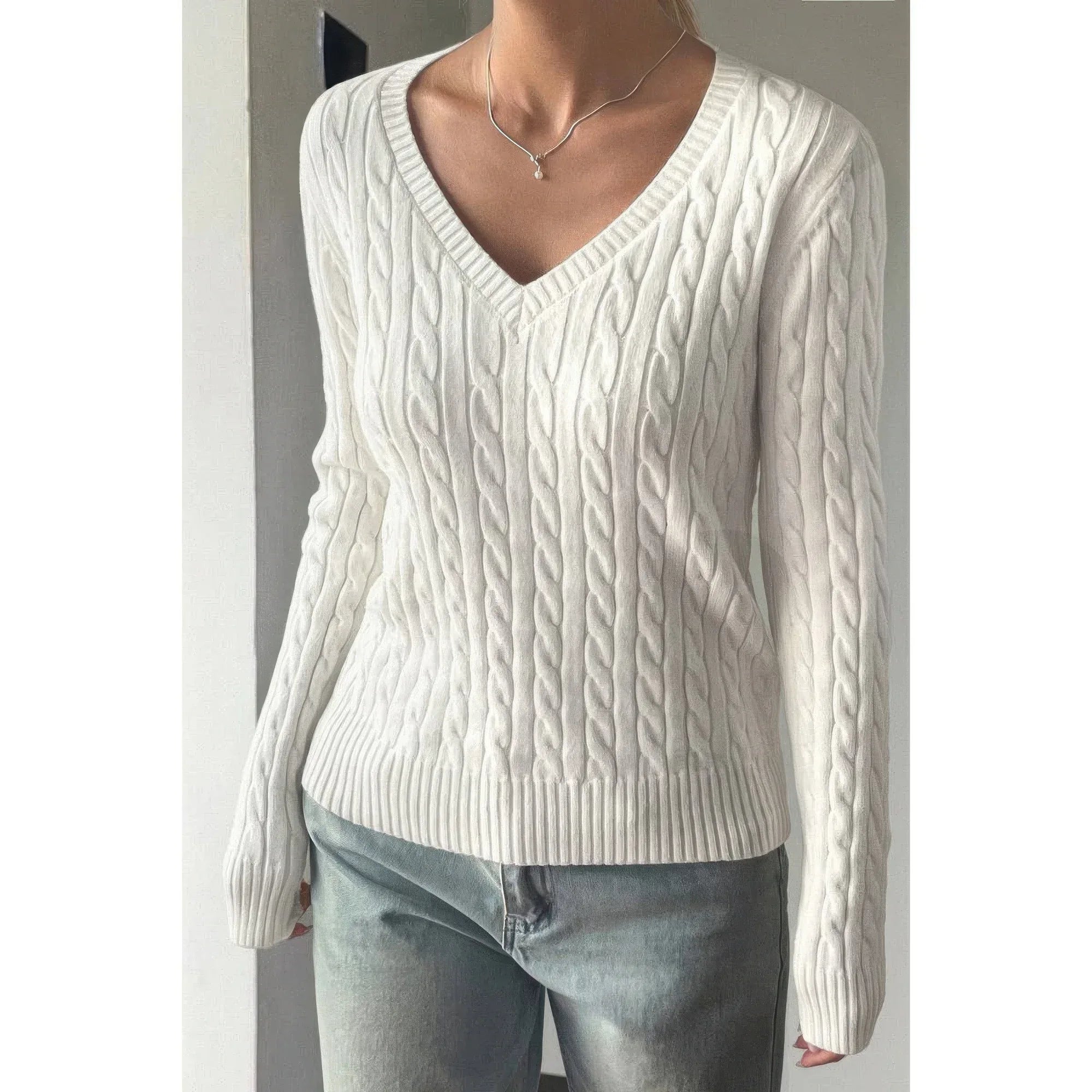 Cable Knit V Neck Long Sleeves Fit Sweater | Mixtshop LLC