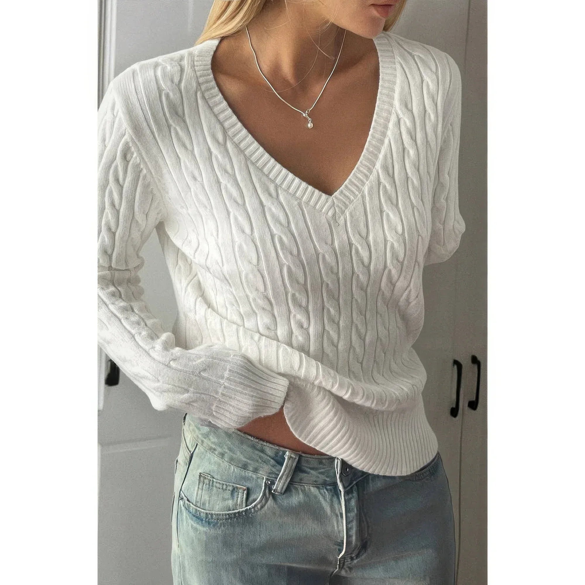 Cable Knit V Neck Long Sleeves Fit Sweater | Mixtshop LLC