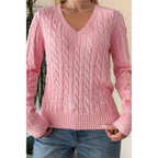 Cable Knit V Neck Long Sleeves Fit Sweater | Mixtshop LLC