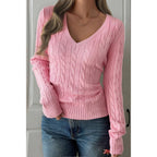 Cable Knit V Neck Long Sleeves Fit Sweater | Mixtshop LLC