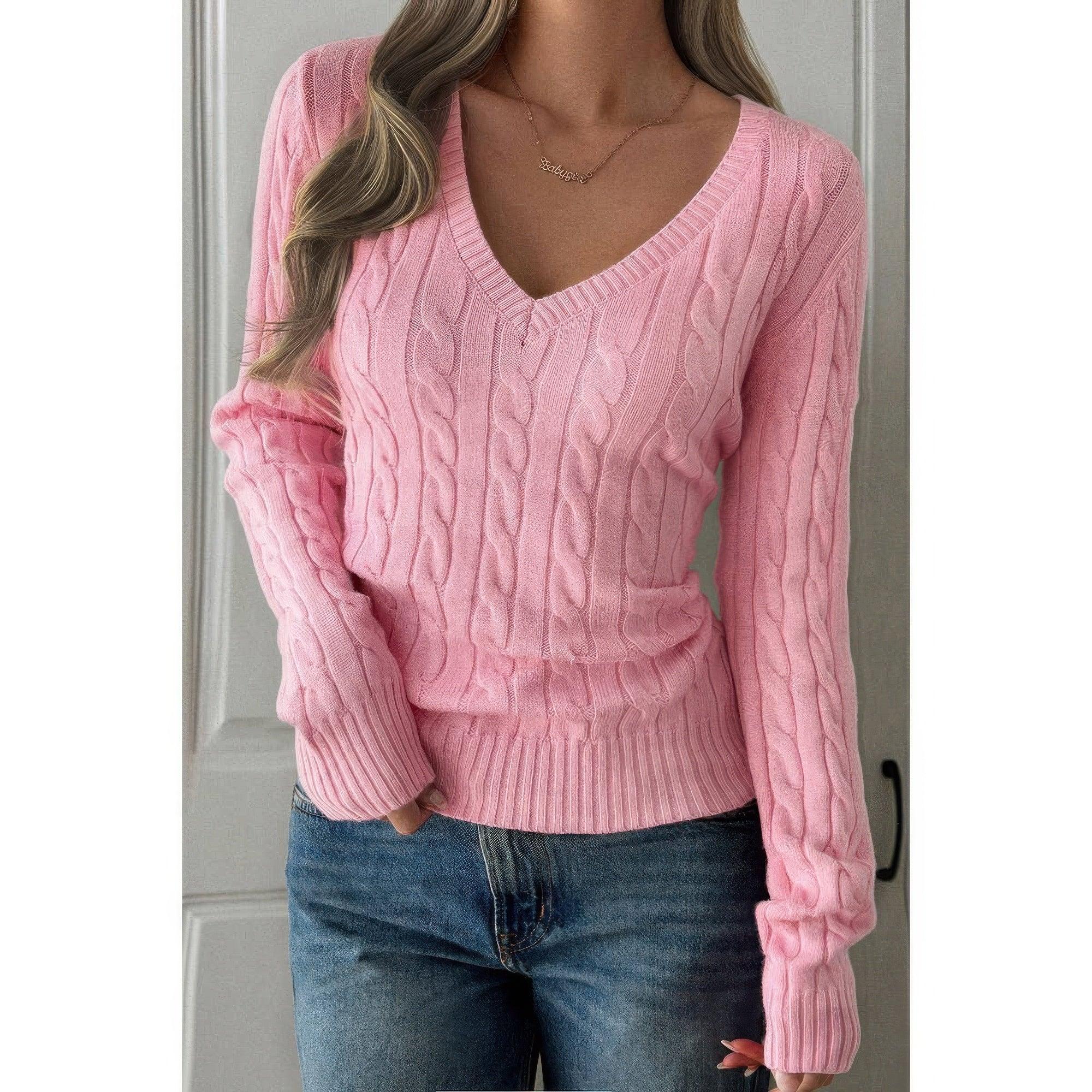 Cable Knit V Neck Long Sleeves Fit Sweater | Mixtshop LLC