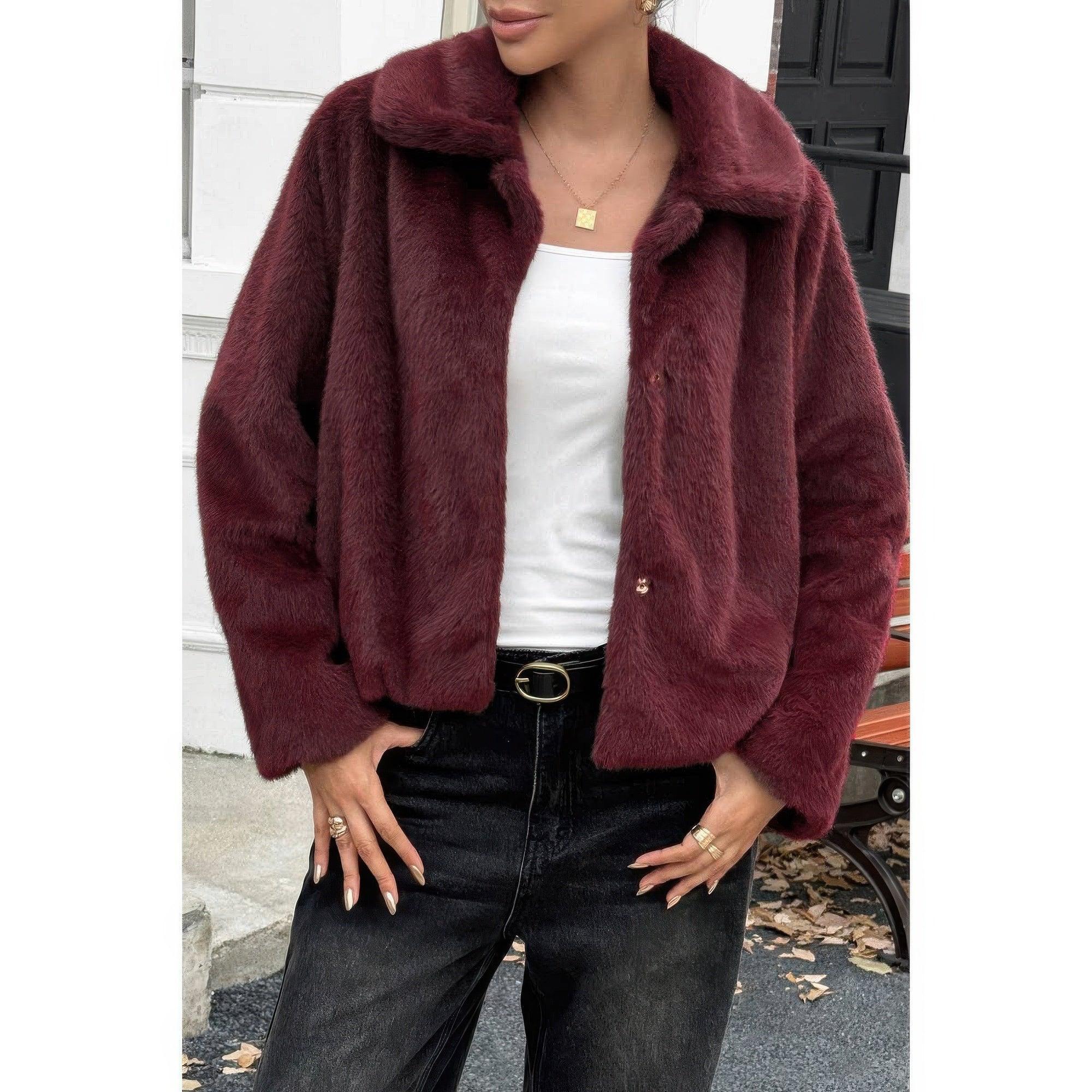 Solid Button Faux Fur Crop Jacket Secondary image