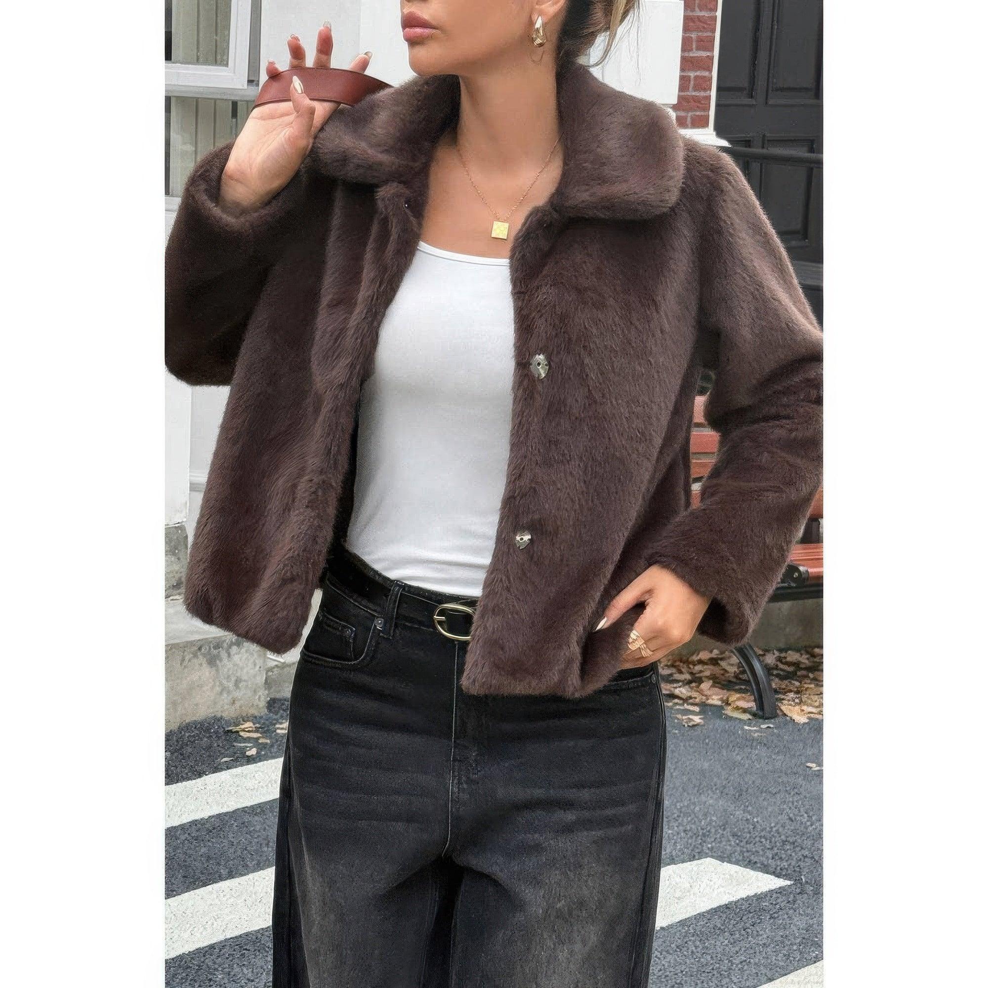 Solid Button Faux Fur Crop Jacket | Mixtshop LLC