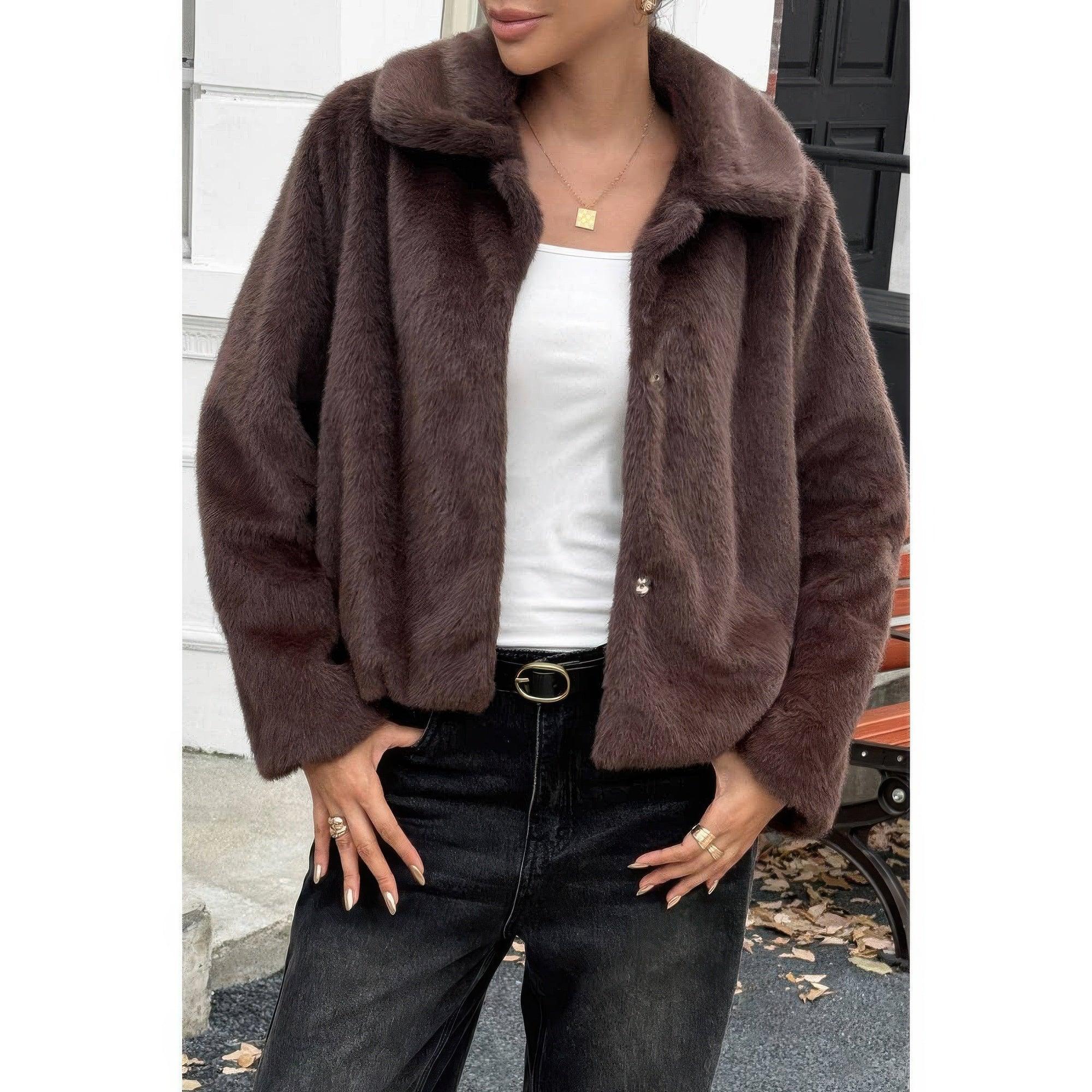 Solid Button Faux Fur Crop Jacket | Mixtshop LLC