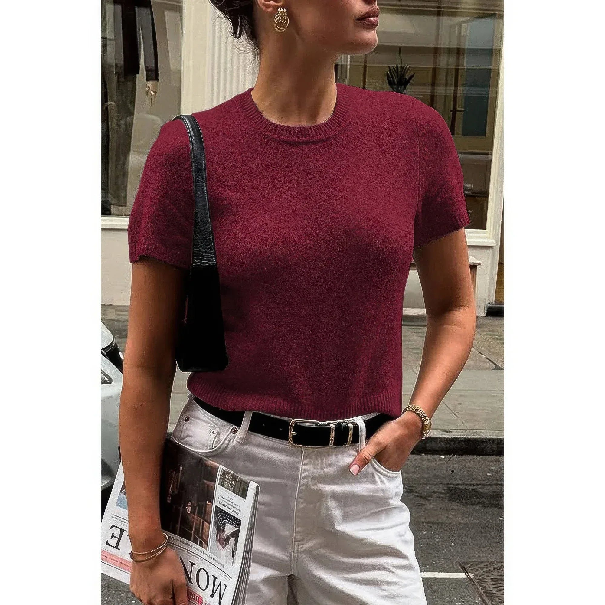 Solid Wool O Neck Knit Short Sleeve Shirt | Mixtshop LLC Main image