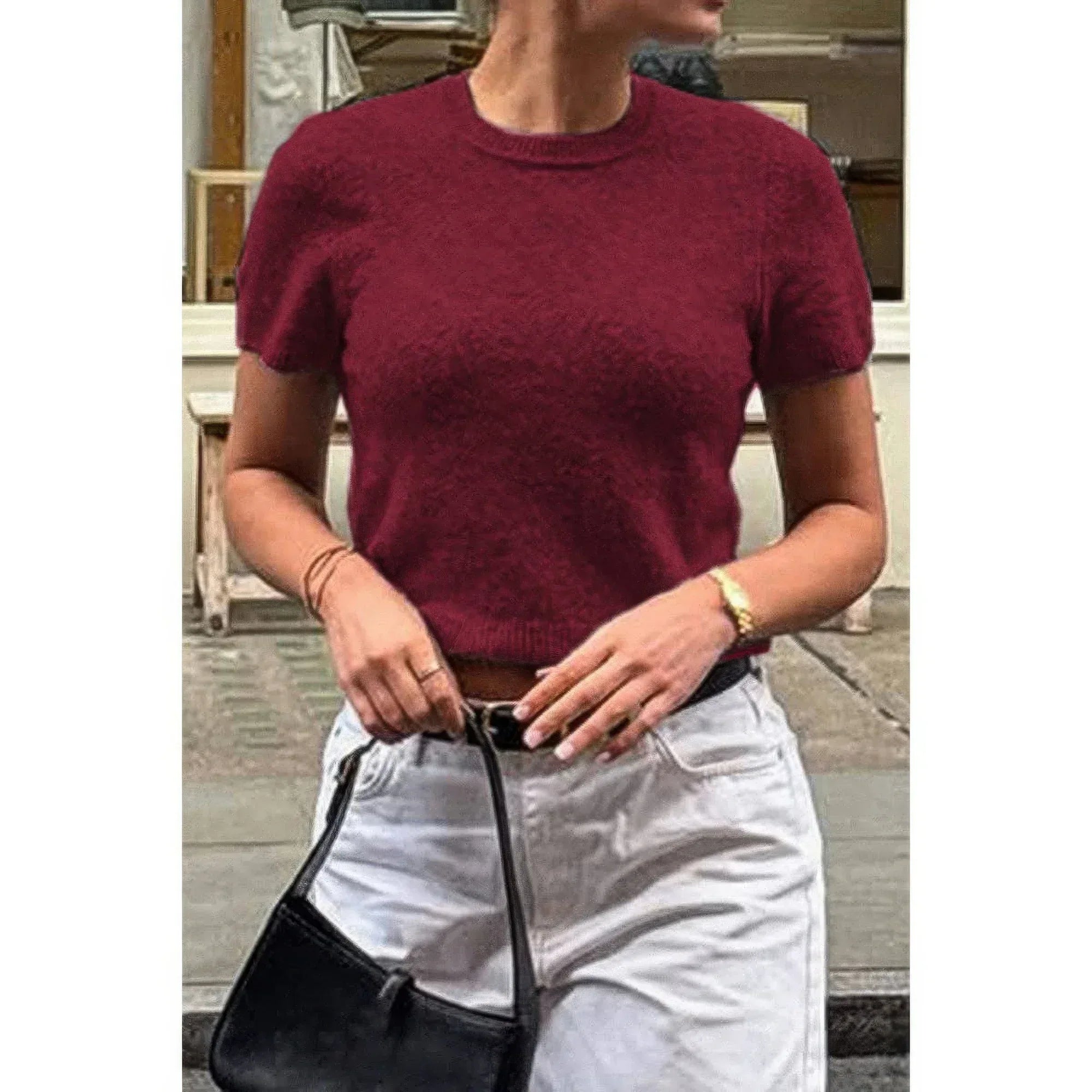 Solid Wool O Neck Knit Short Sleeve Shirt Secondary image