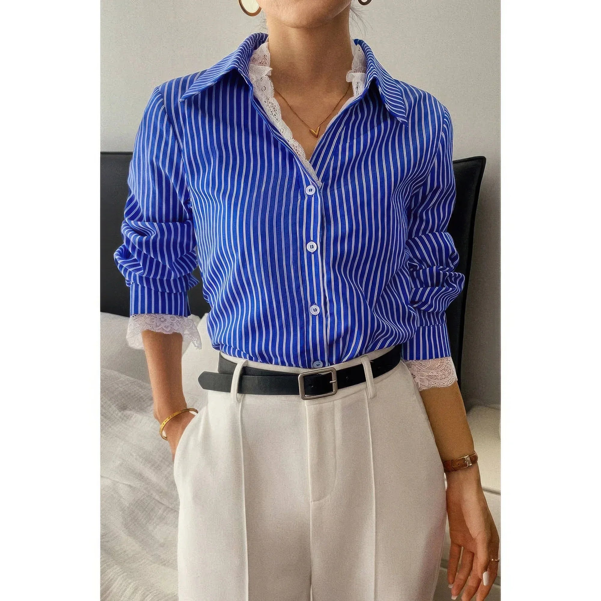 Striped Button Down Lace Detail Loose Shirt | Mixtshop LLC
