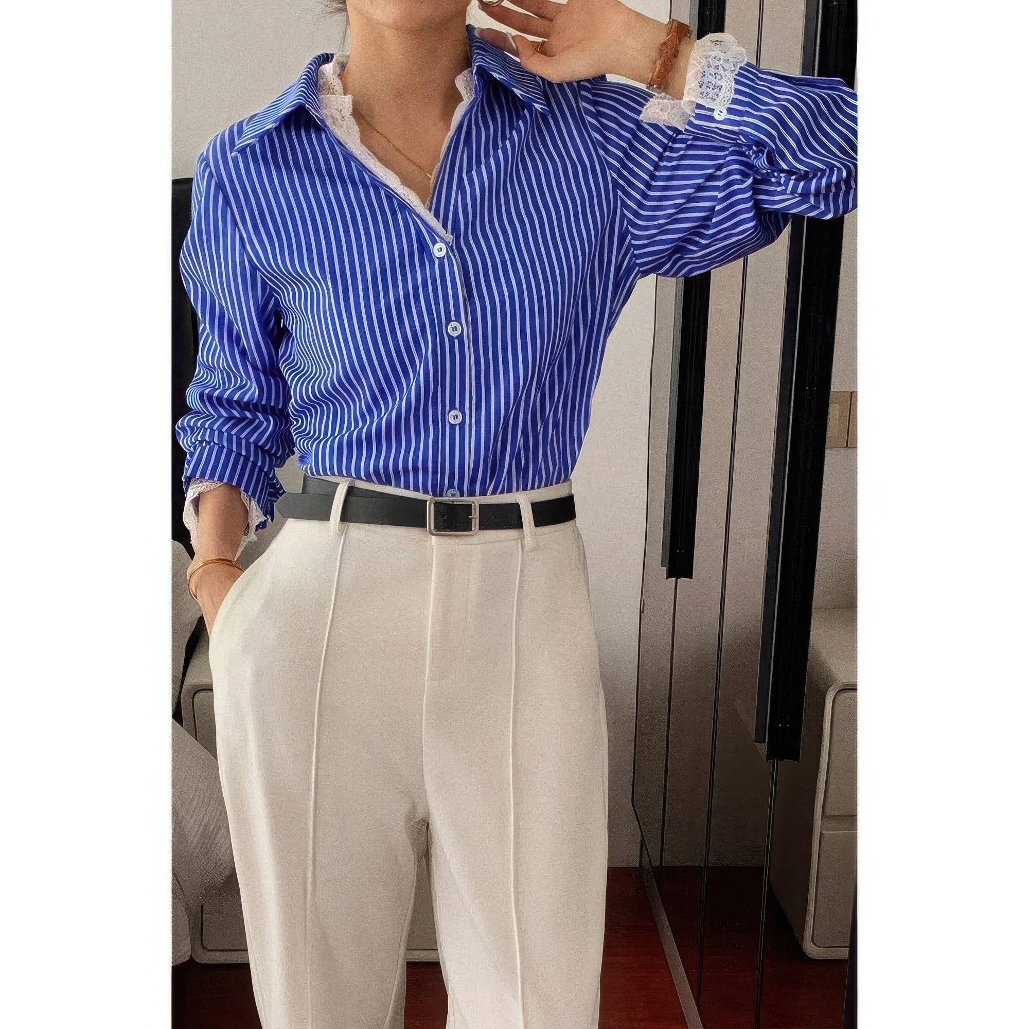 Striped Button Down Lace Detail Loose Shirt Secondary image