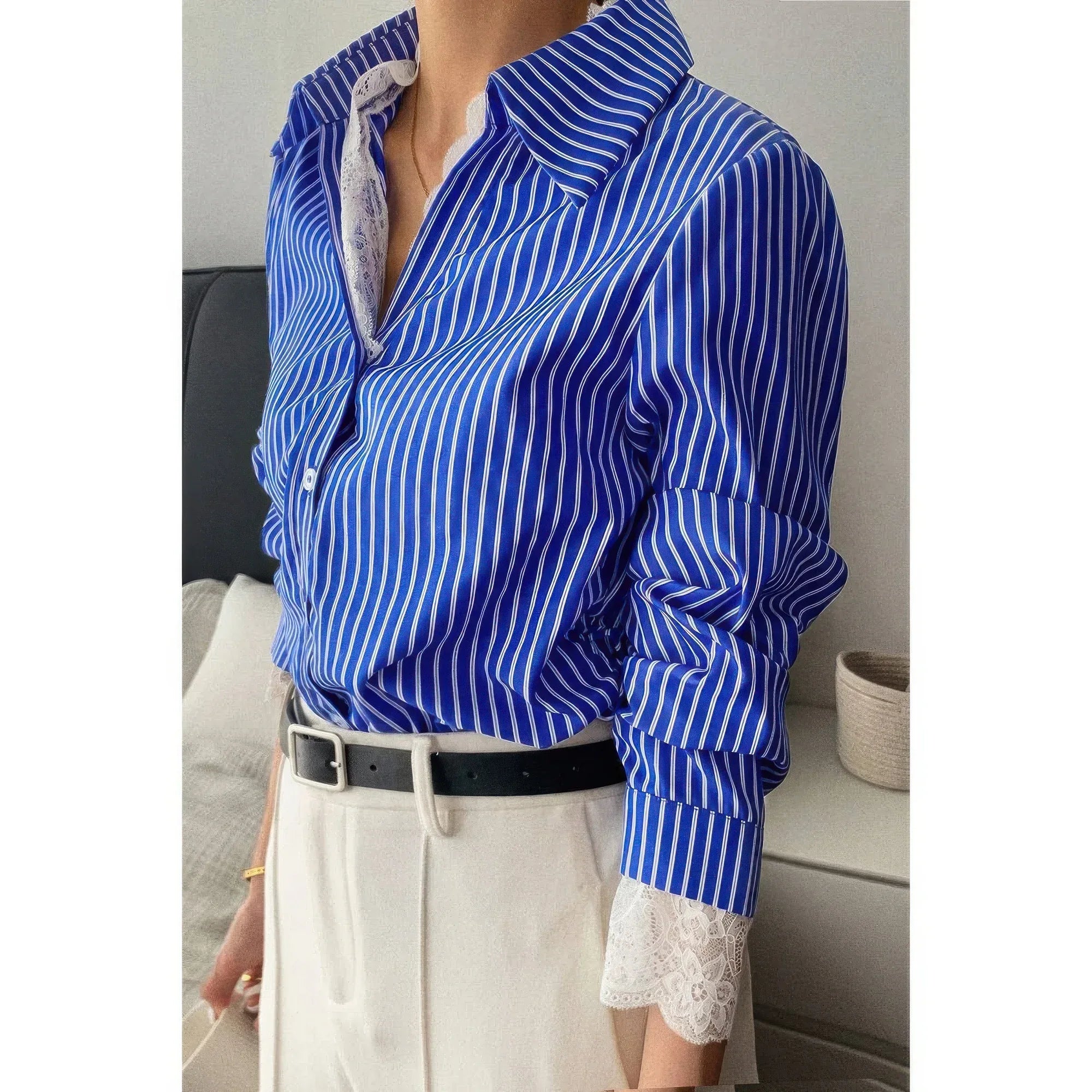 Striped Button Down Lace Detail Loose Shirt | Mixtshop LLC