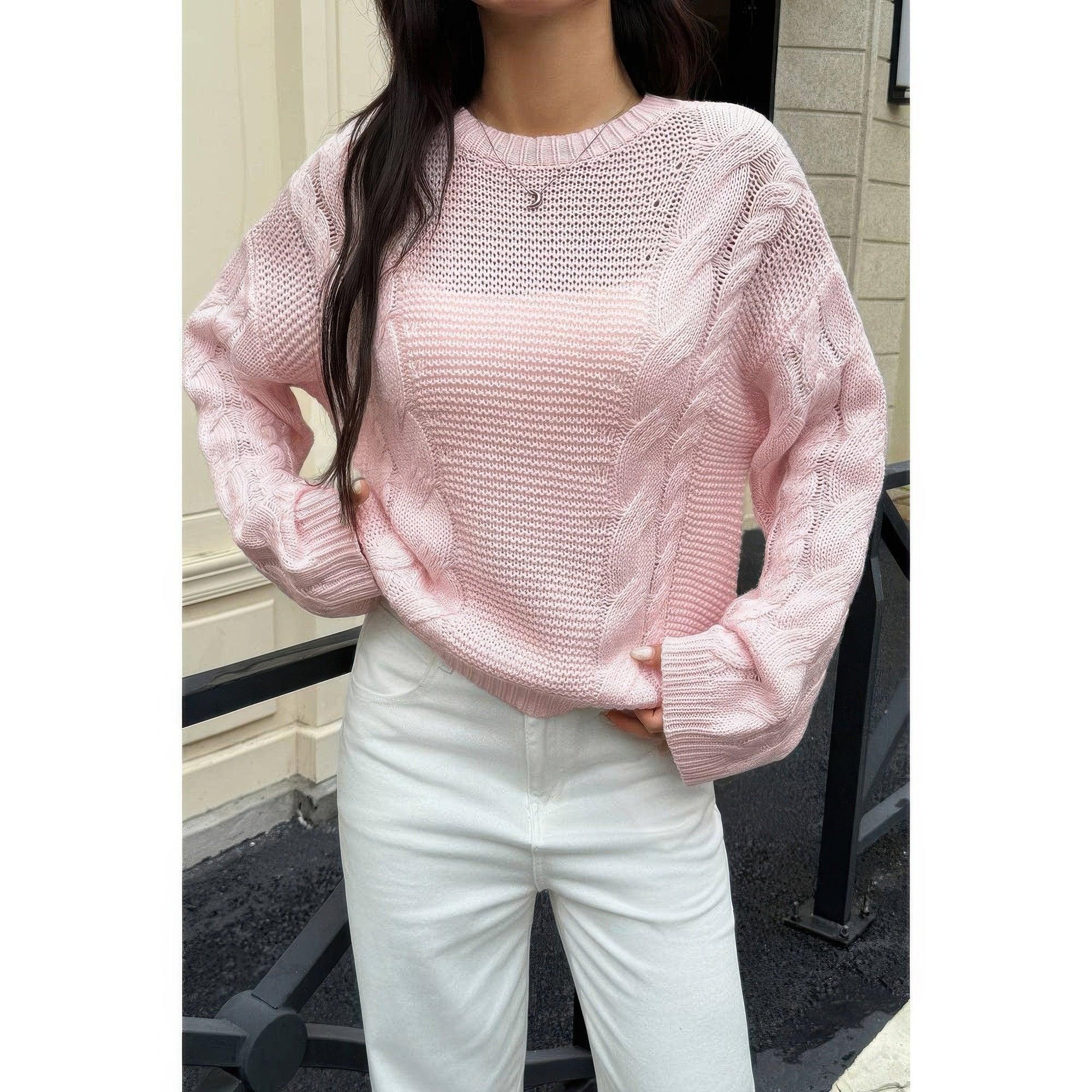 Solid Round Neck Cable Knit Pullover Sweater | Mixtshop LLC