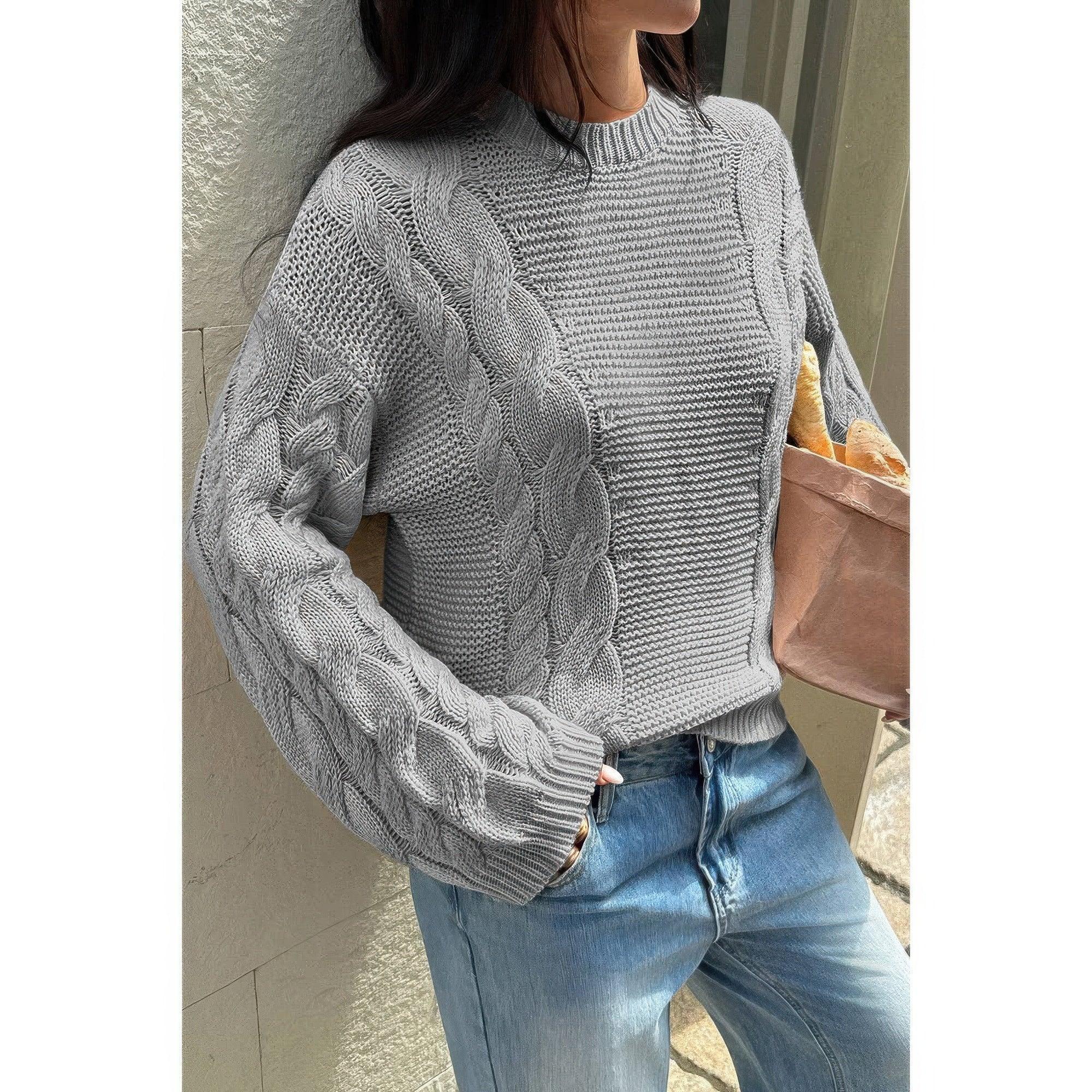 Solid Round Neck Cable Knit Pullover Sweater | Mixtshop LLC
