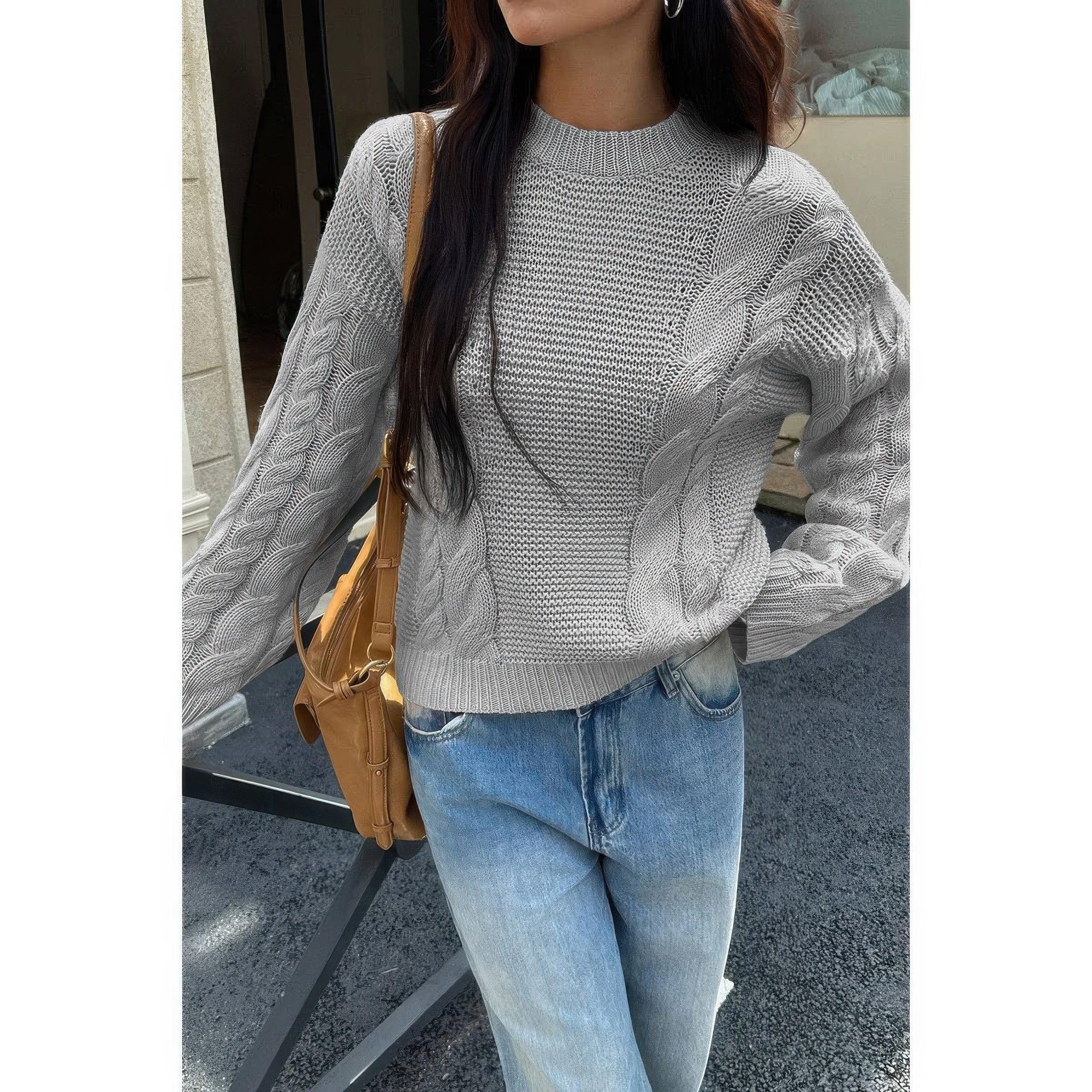 Solid Round Neck Cable Knit Pullover Sweater | Mixtshop LLC