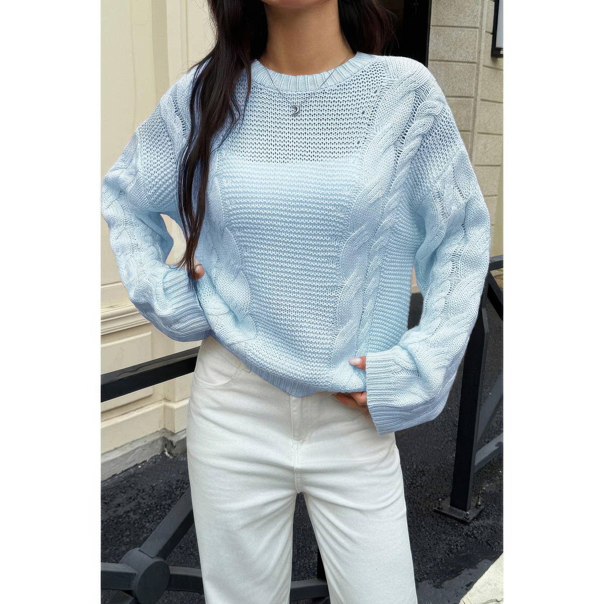Solid Round Neck Cable Knit Pullover Sweater | Mixtshop LLC