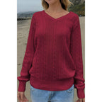 V Neck Solid Long Sleeves Cable Knit Sweater | Mixtshop LLC