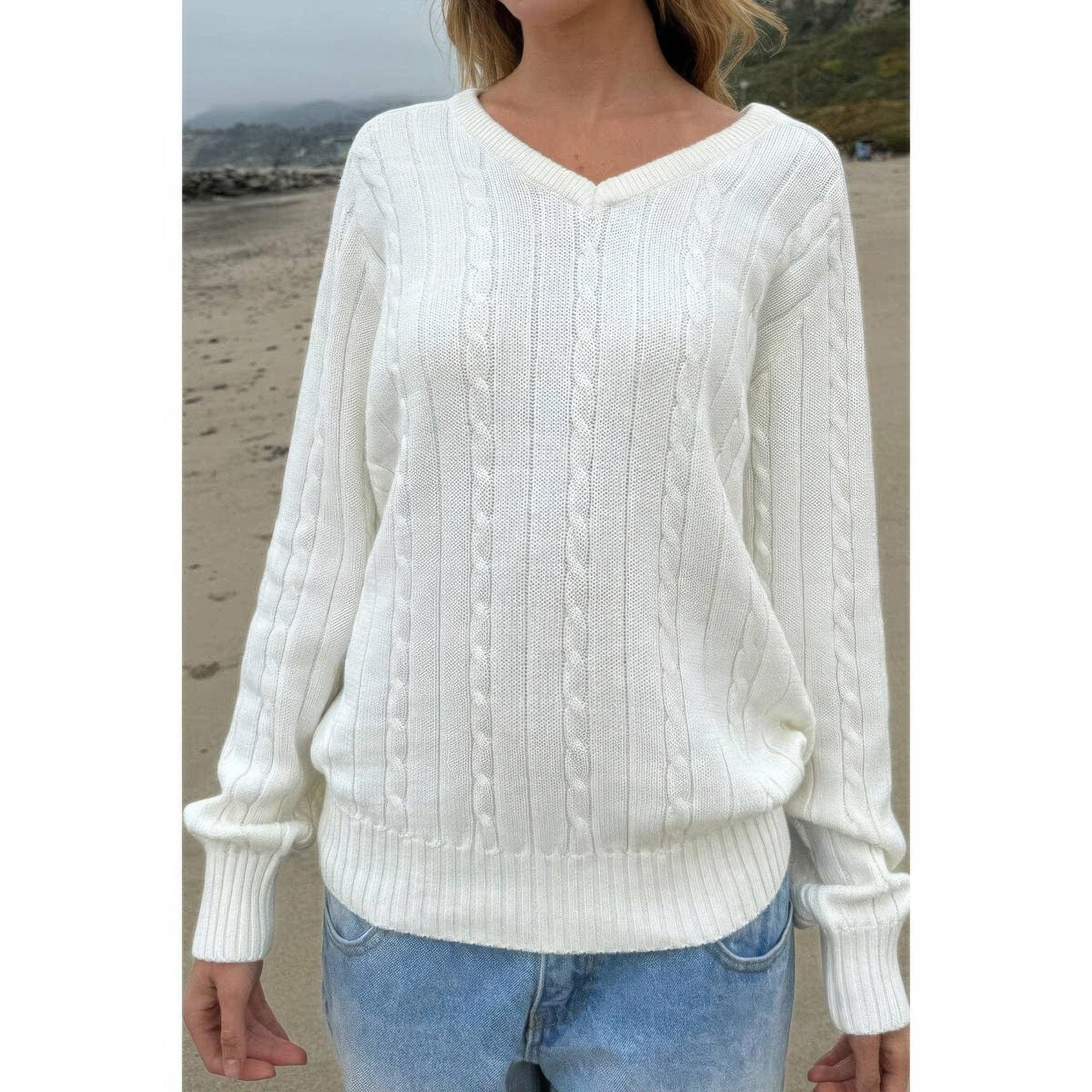 V Neck Solid Long Sleeves Cable Knit Sweater | Mixtshop LLC