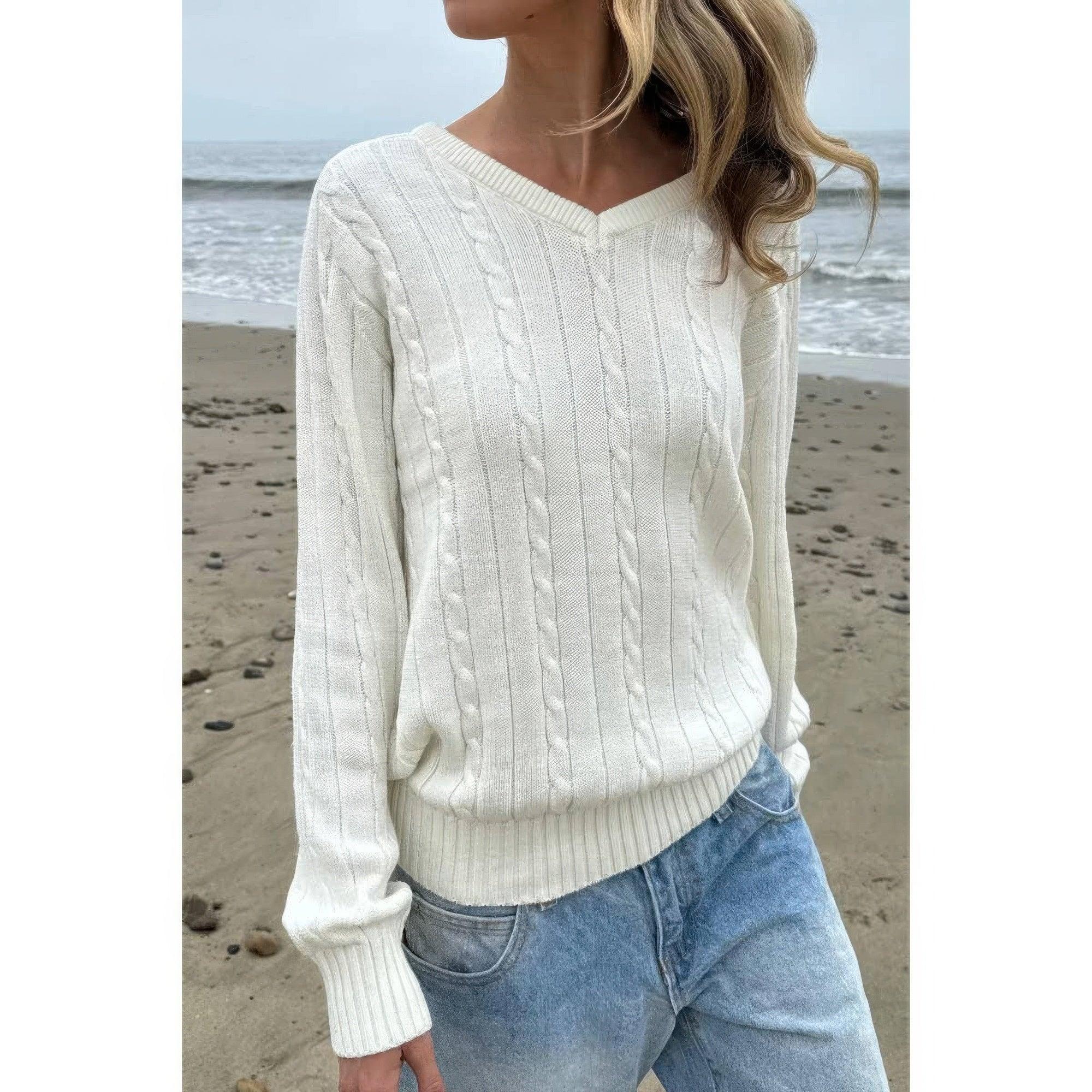 V Neck Solid Long Sleeves Cable Knit Sweater | Mixtshop LLC