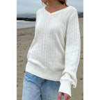 V Neck Solid Long Sleeves Cable Knit Sweater | Mixtshop LLC