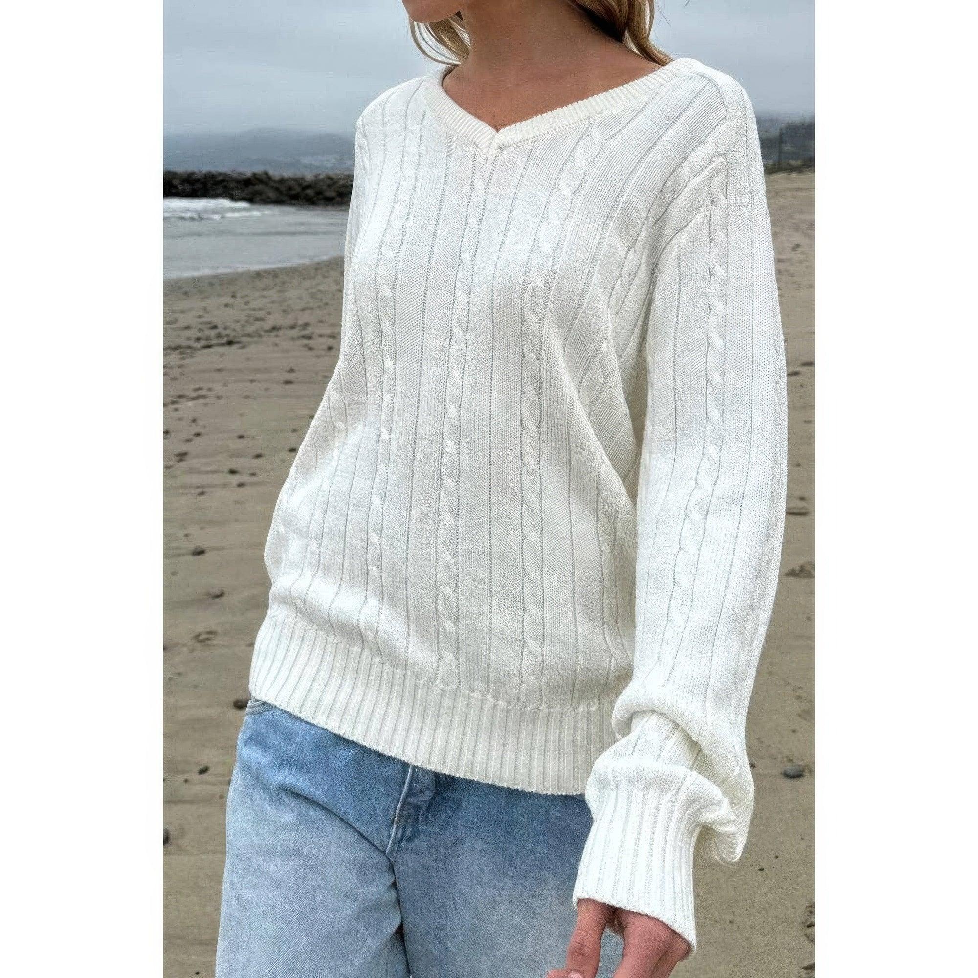 V Neck Solid Long Sleeves Cable Knit Sweater | Mixtshop LLC