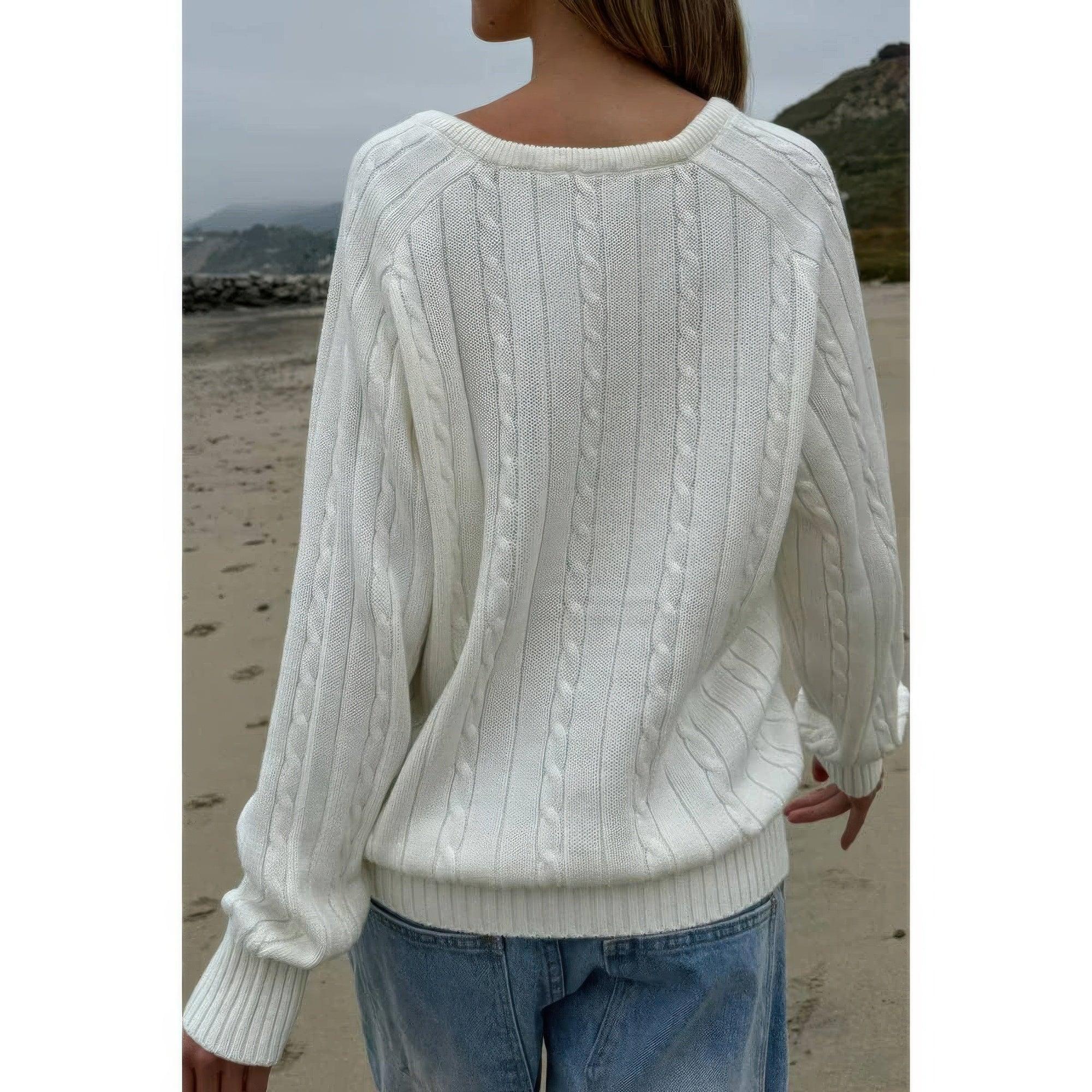 V Neck Solid Long Sleeves Cable Knit Sweater | Mixtshop LLC