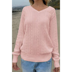 V Neck Solid Long Sleeves Cable Knit Sweater | Mixtshop LLC