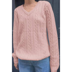 V Neck Solid Long Sleeves Cable Knit Sweater | Mixtshop LLC