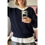 V Neck Solid Long Sleeves Cable Knit Sweater | Mixtshop LLC