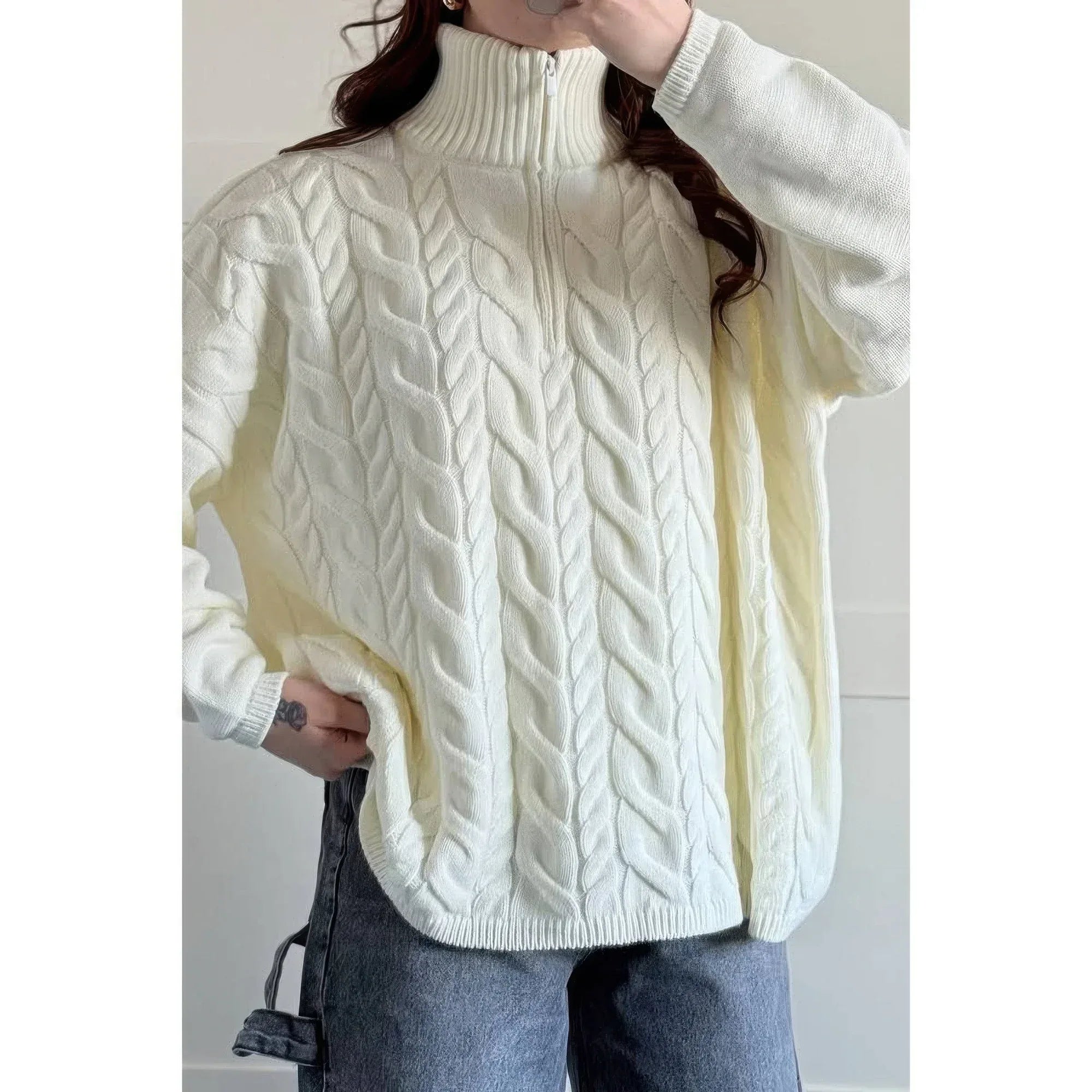 Cable Knit Half Zipper Solid Loose Sweater | Mixtshop LLC